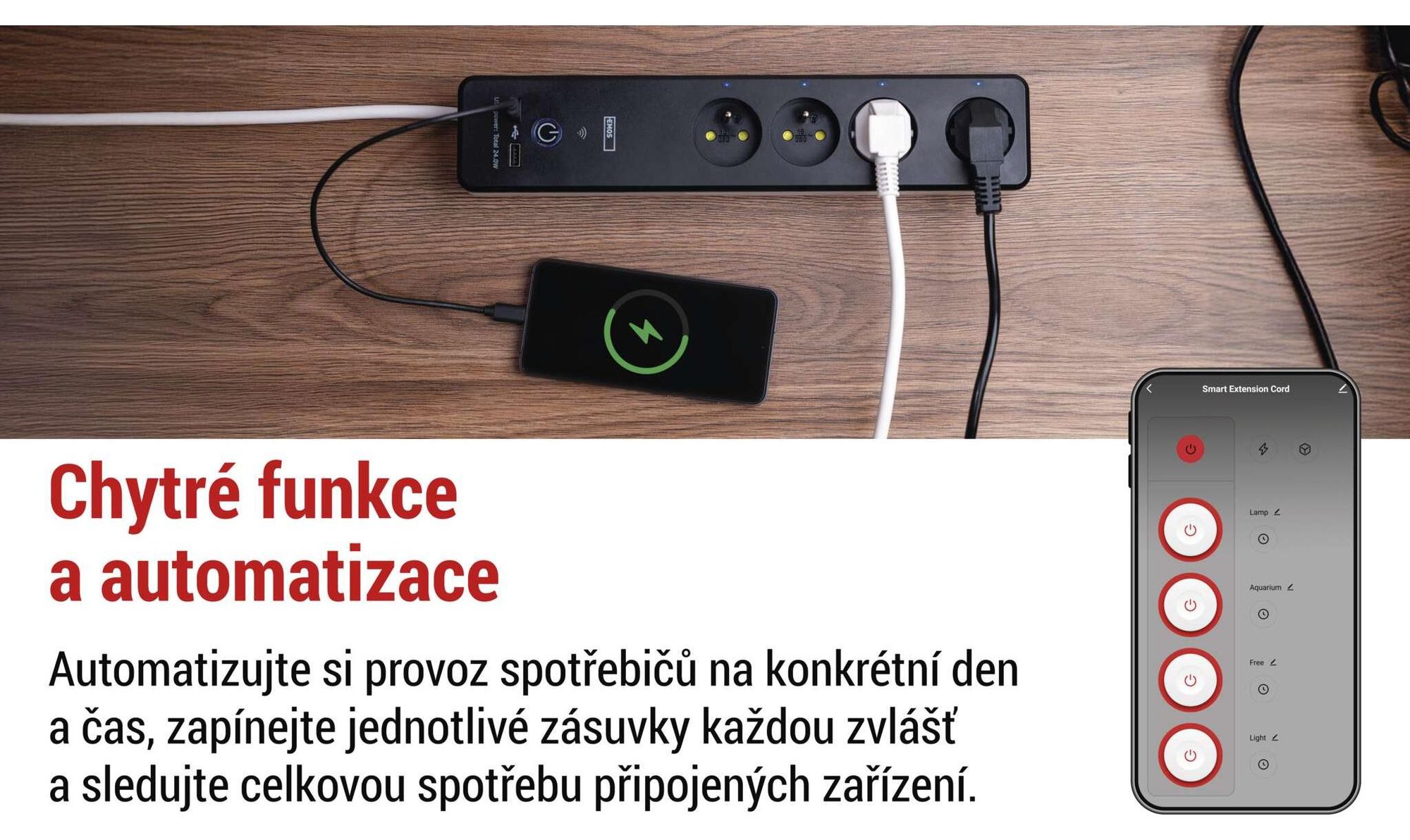 EMOS GoSmart prodlužovačka s WiFi a aplikací, 2m 4-zásuvková lišta se 2 porty USB (USB-C, USB-A), vypínačem, wattmetrem a časovačem, P1412SM
