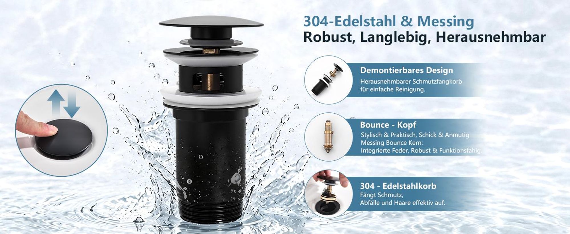 Homelody Wasserhahn Bad Schwarz +Universal Ablaufgarnitur Schwarz, Armatur Mischbatterie Waschbeckenarmatur mit Pop-Up Ventil Edelstahl Messing