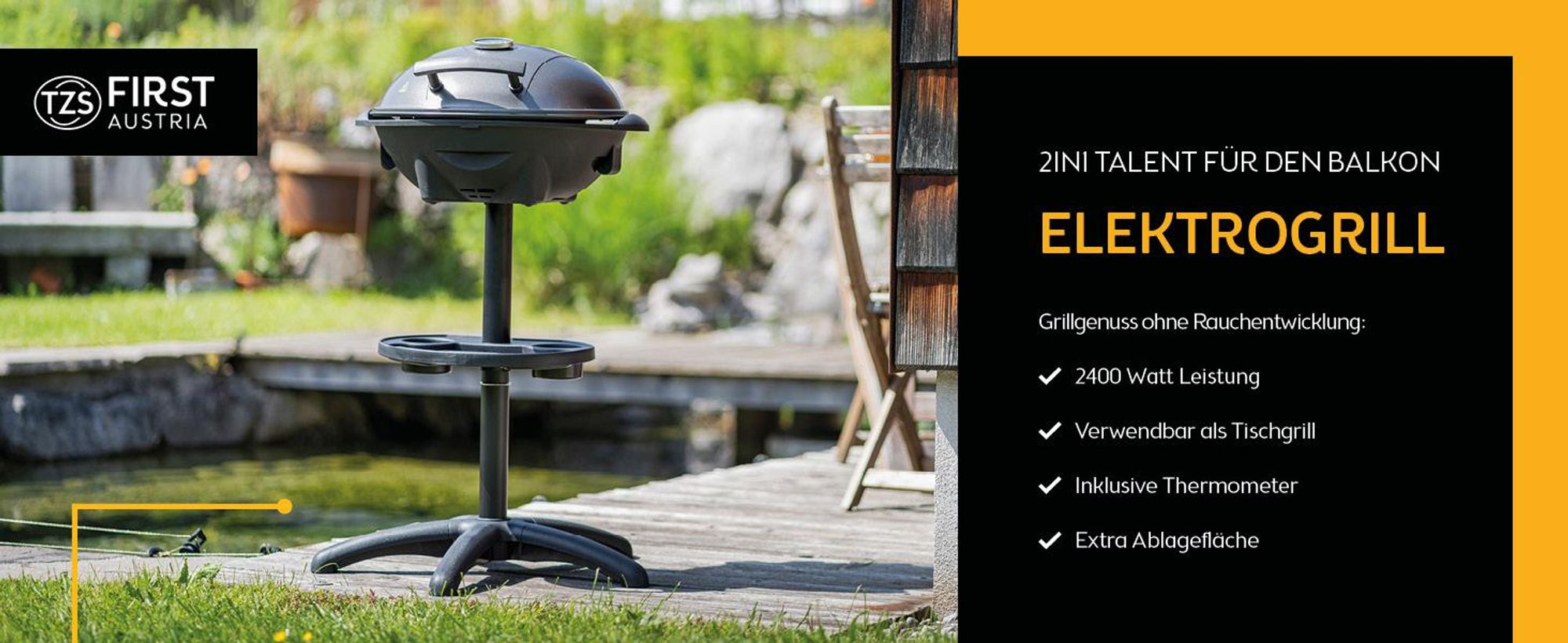 TZS First Austria - Elektrogrill 2in1 - 2400W - Kugelgrill mit Thermometer & Standfuß