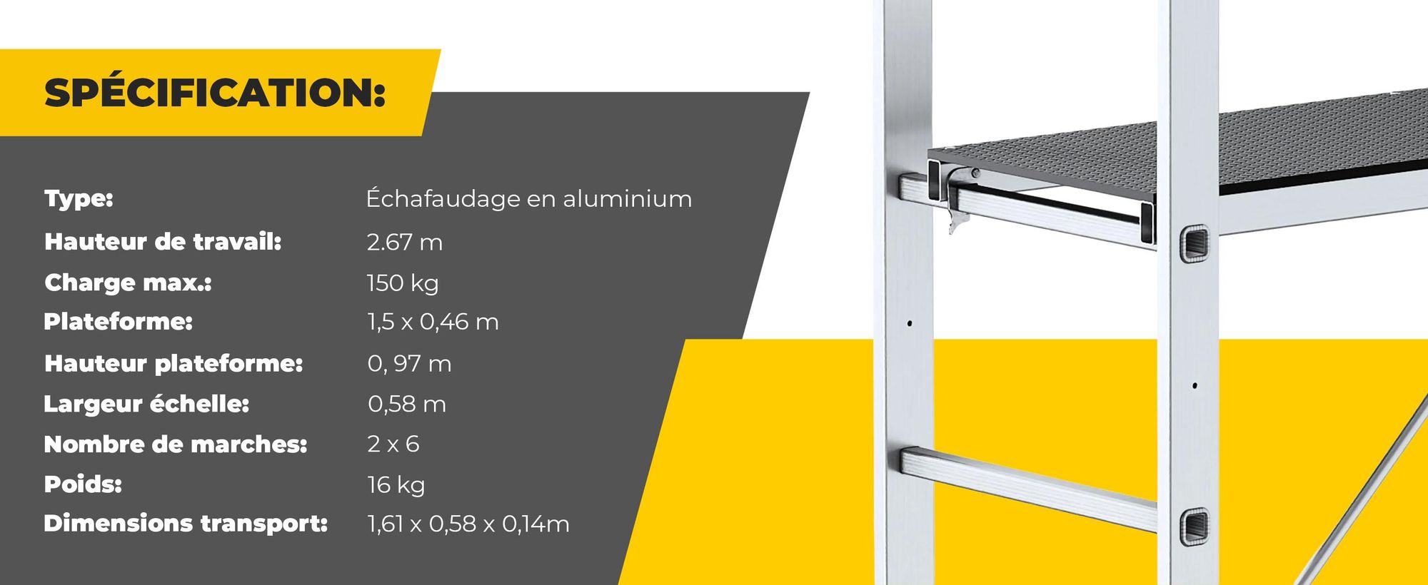 Drabest | Échafaudage en aluminium - Échafaudage en aluminium 2x6 - Échafaudage échelle - Charge admissible de la plateforme : 150 kg