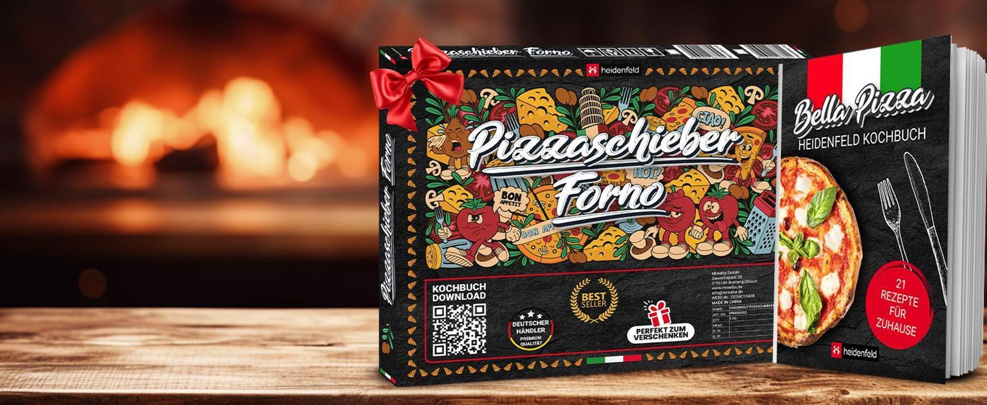 Pizzaschieber Forno 13 Zoll | Pizza Schaufel - Ofen - Back Zubehör - Pizzaschaufel - inkl. Rezepte - Edelstahl - Rostfrei - Verbrennungsschutz