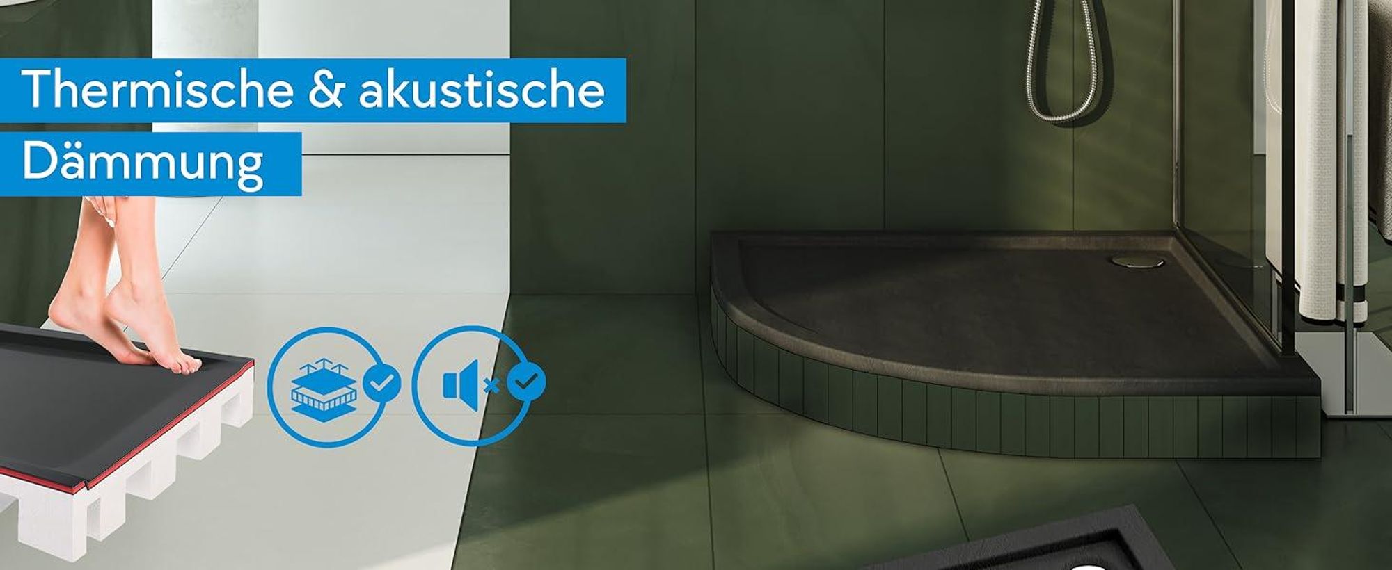 AQUABAD® Duschwanne Komplettset Basic Black Stone 90x90cm R55 Viertelkreis inkl. Styroporträger und Ablaufgarnitur Alcadrain A49CR