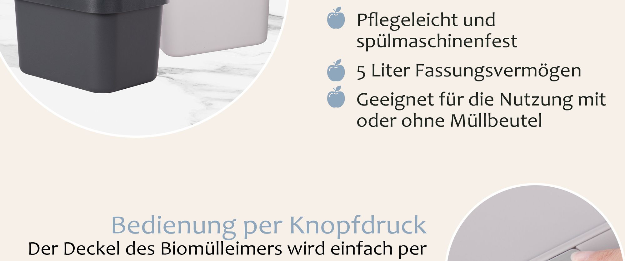 ONVAYA® Komposteimer für die Küche ǀ Anthrazit ǀ geruchsdicht ǀ spülmaschinengeeignet ǀ für Arbeitsplatte und Küchentisch ǀ 5 Liter Fassungsvermögen ǀ Druckknopf ǀ Biomülleimer mit Deckel