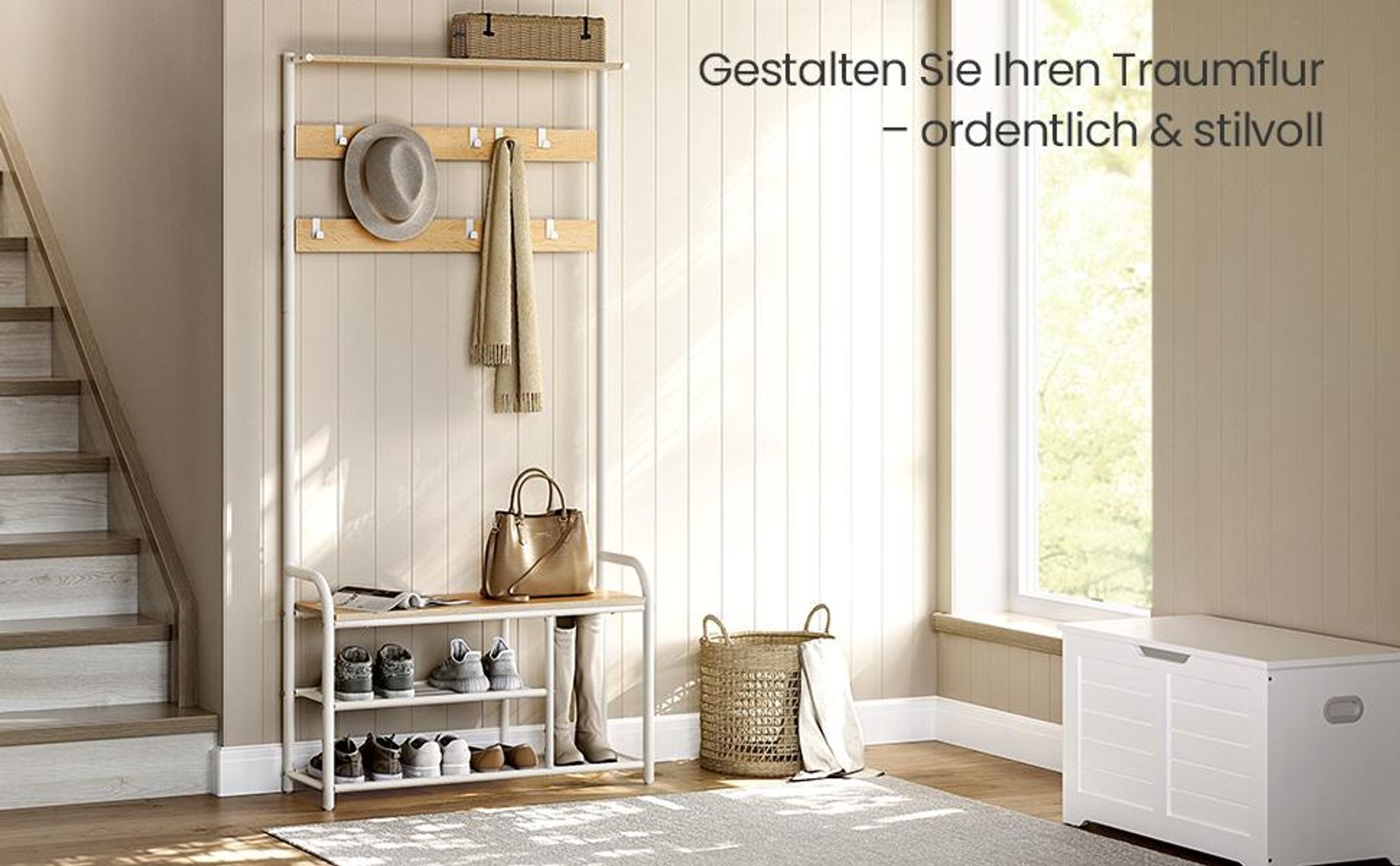 VASAGLE Garderobenständer, Kleiderständer, Garderobe mit 9 abnehmbaren Haken, Schuhregal, für kleine Wohnungen, Flur, Industrie-Design, eichenfarben-weiß HSR409
