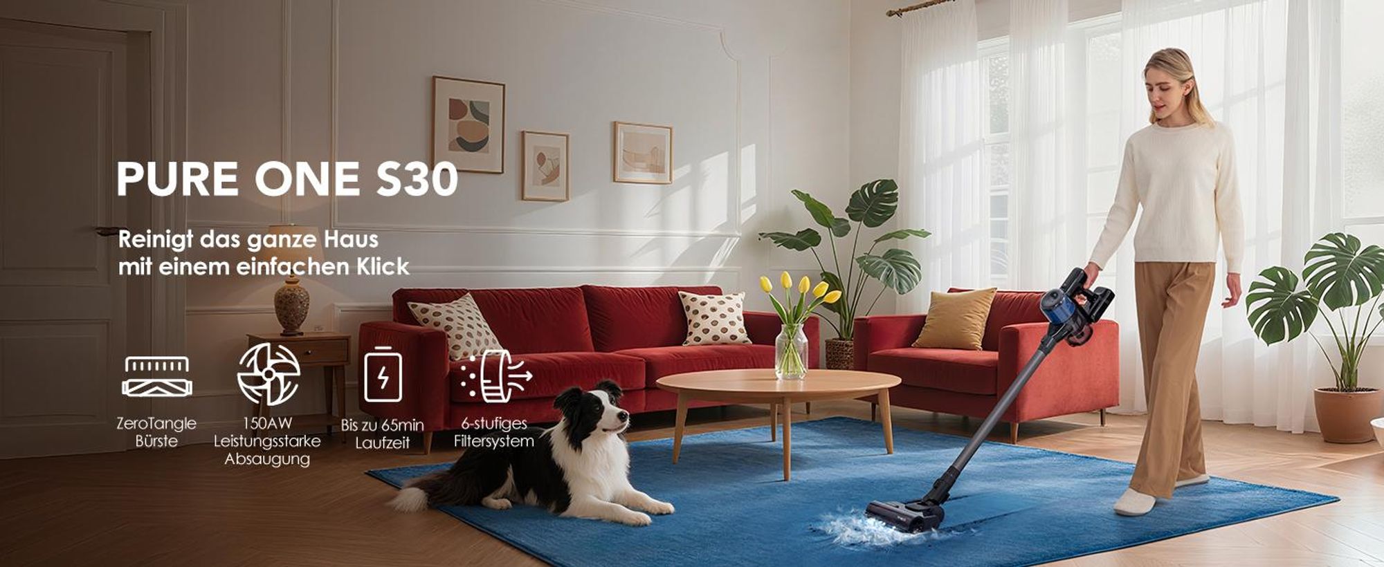 Tineco Pure ONE S30 Akku Staubsauger, 150AW Saugleistung, bis zu 65 Min. Laufzeit ZeroTangle-Bürste LED-Licht Kabelloser Handstaubsauger für Hartböden