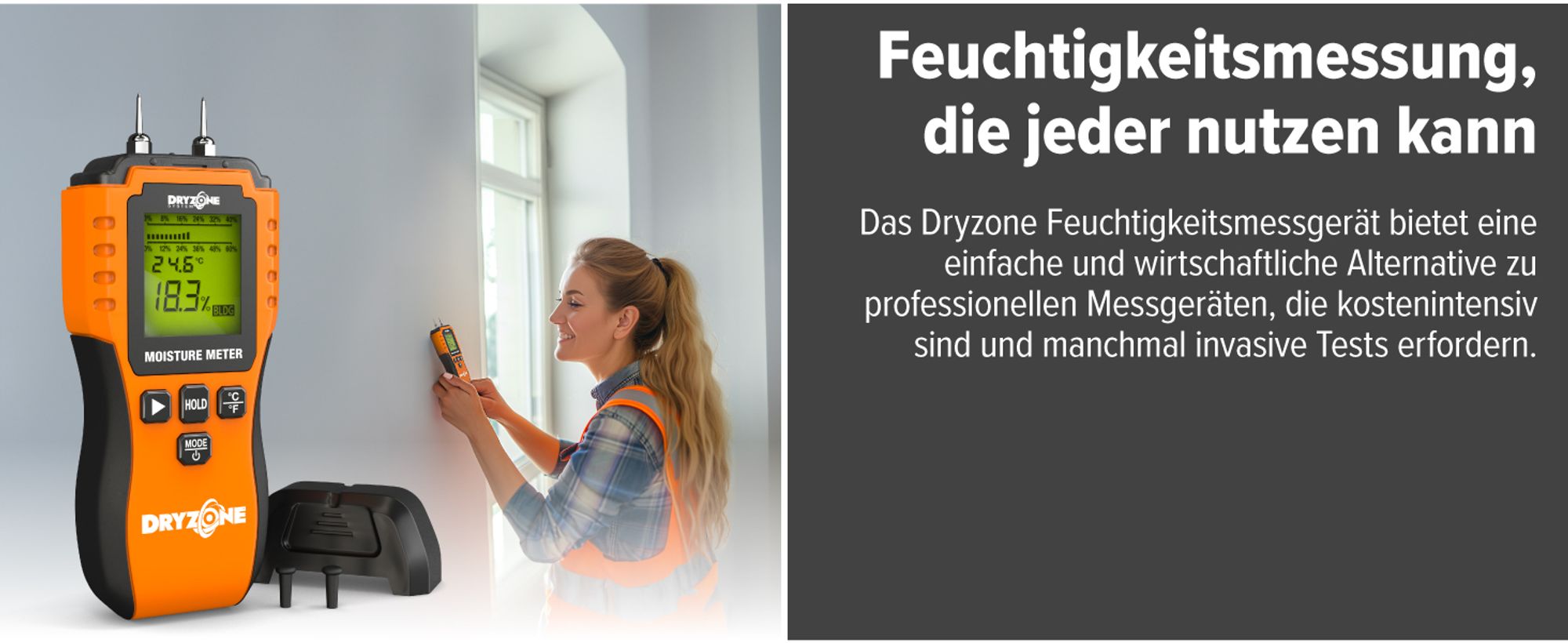 Dryzone Feuchtemessgerät - Feuchtemessgerät für Holz, Mauerwerk, Wand und andere Baumaterialien, hilft bei Feststellung aufsteigender Feuchtigkeit