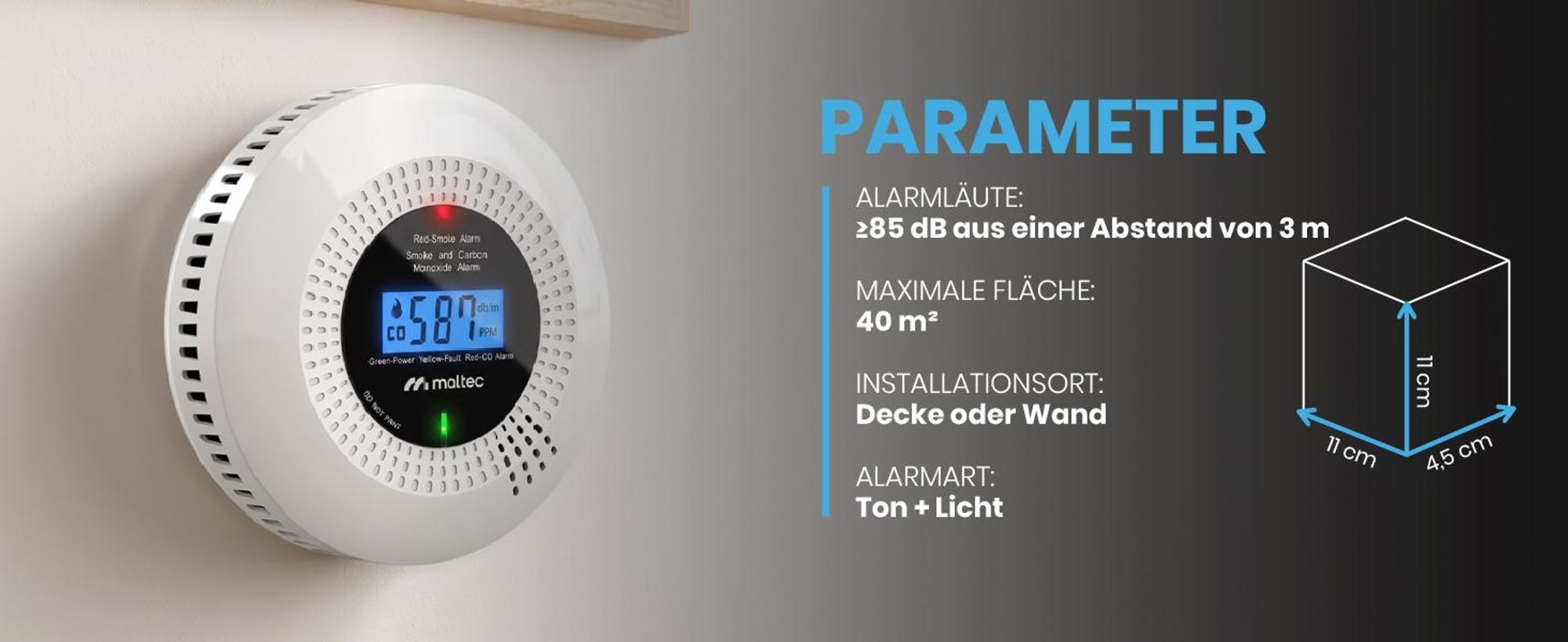 Rauchmelder Kohlenmonoxidmelder CO mit LCD Kohlenmonoxid- & Rauchsensor 85 dB