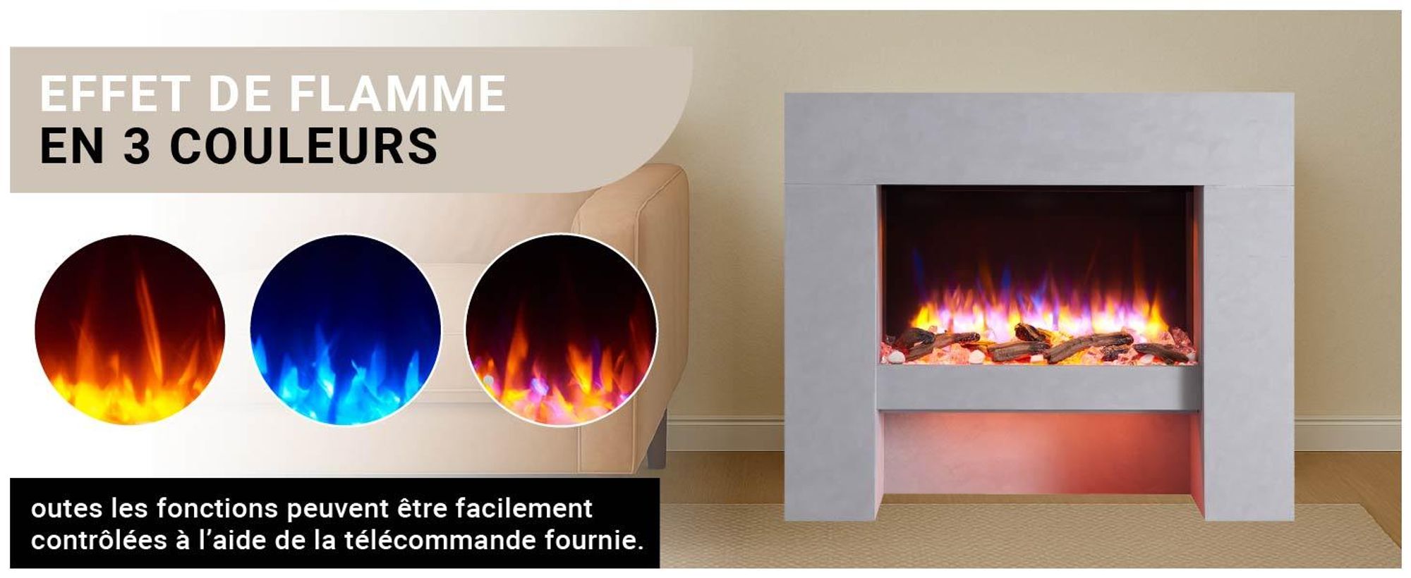Cheminée électrique sur pied BALDERIA Naran – Puissance de chauffage jusqu'à 2 000 W, aspect béton