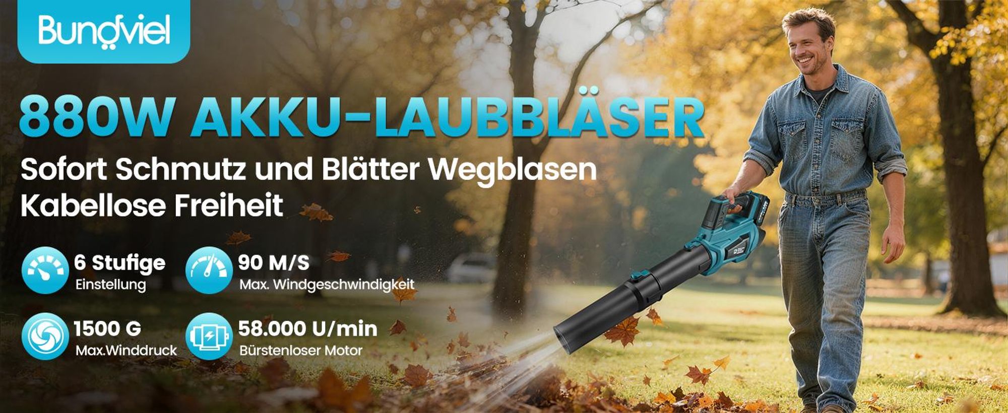 Akku Laubbläser 90m/s Elektrischer Laubgebläse mit 2 x 4,0 Ah Akku und Ladegerät 6-Stufen Regelung & 2 wechselbaren Düsen