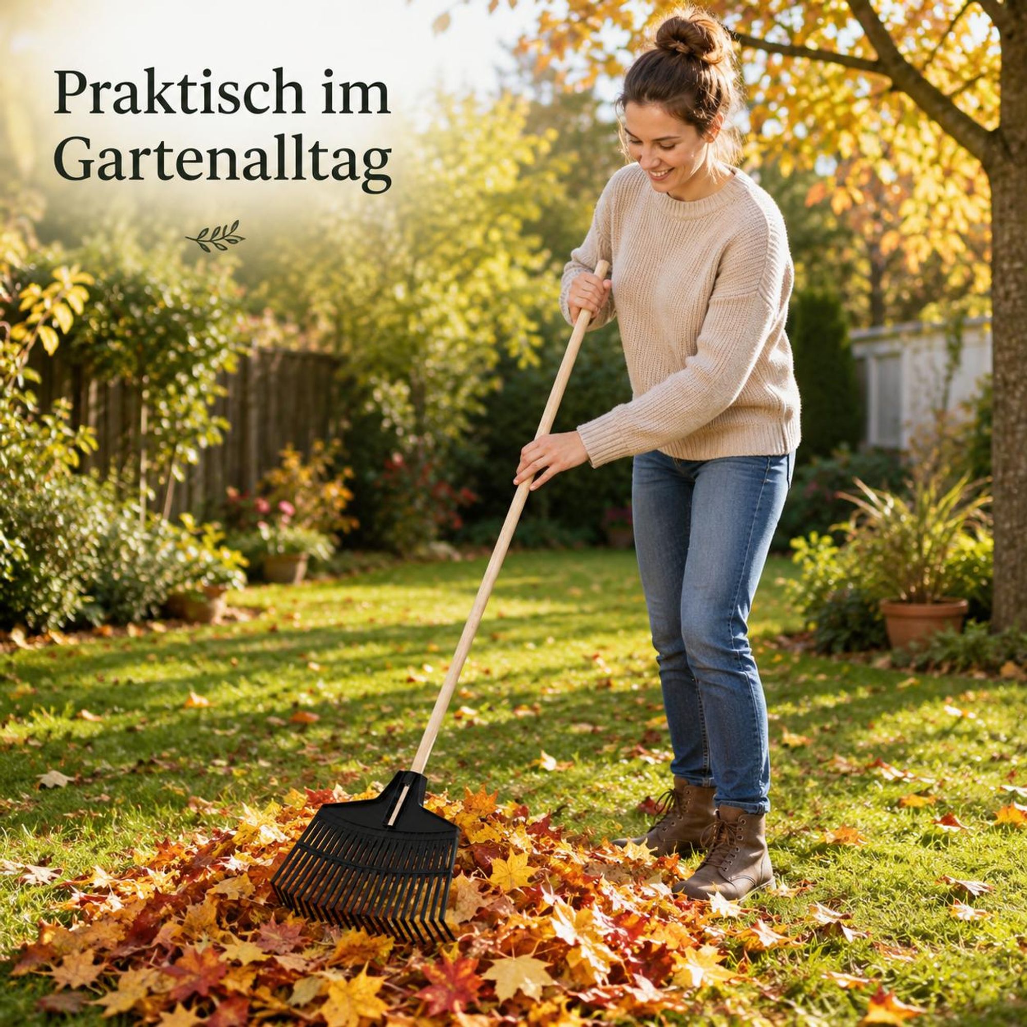 Gartenrechen 390 Schwarz mit flexiblem Kunststoffkopf, Holzstiel und Metallschraube.