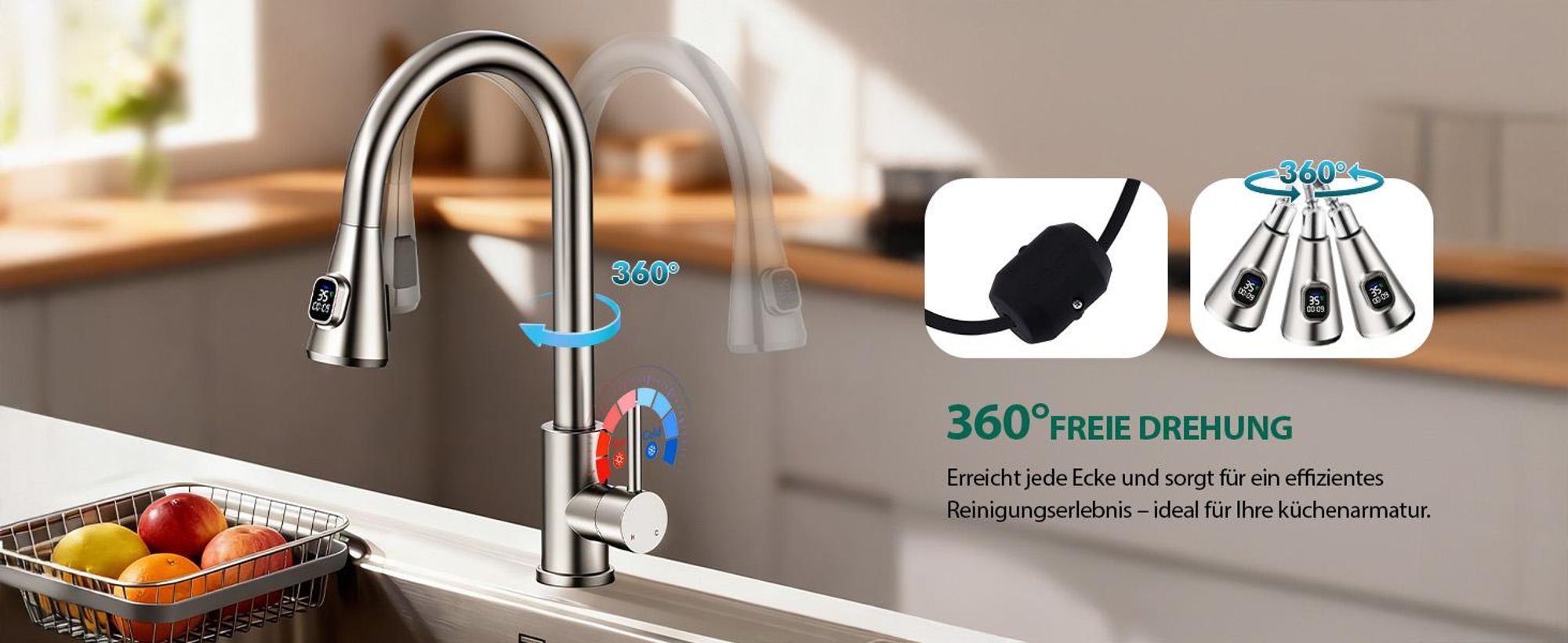 Homelody Wasserhahn Küche mit 2 Strahlarten,360° Drehbar Küchenarmatur,Edelstahl Spültischarmatur,Hochdruck Armatur,Mischbatterie Küche Matt Gebürstet