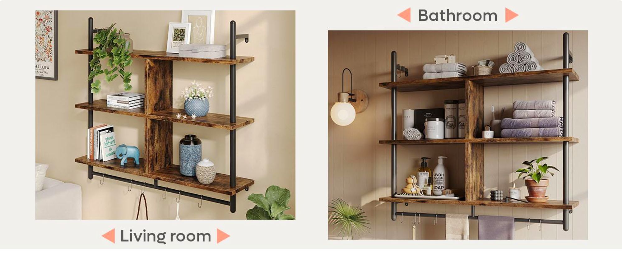Bestier105,5cm Industrie-Regal Wandmontiertes 3-stufiges Leiterregal mit Rundrohr, wand wandregal, küchen regal, Bücher & Stauraum in Wohnzimmer