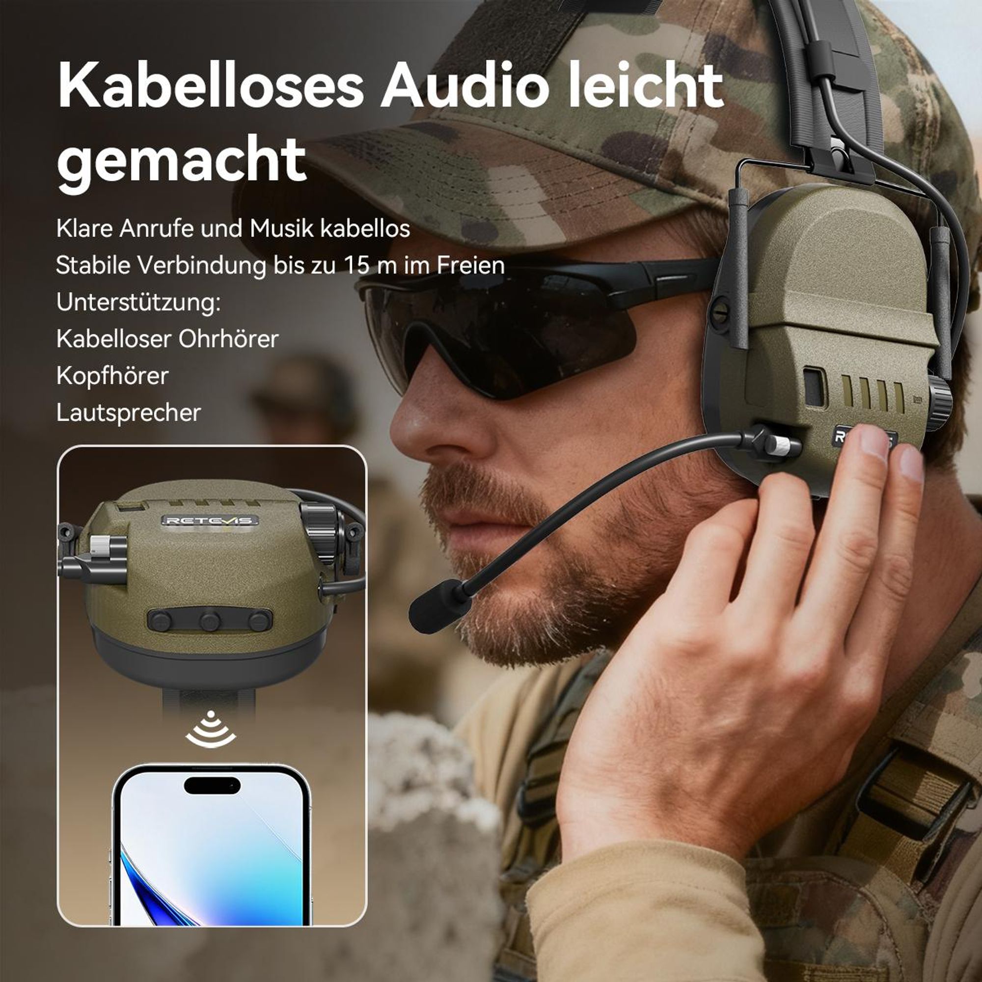 Retevis EH080K Taktisches Headset, Elektronisches Headset, intelligente Geräuschunterdrückung, IP65, Walkie-Talkie-Headset, kompatibel mit RT24