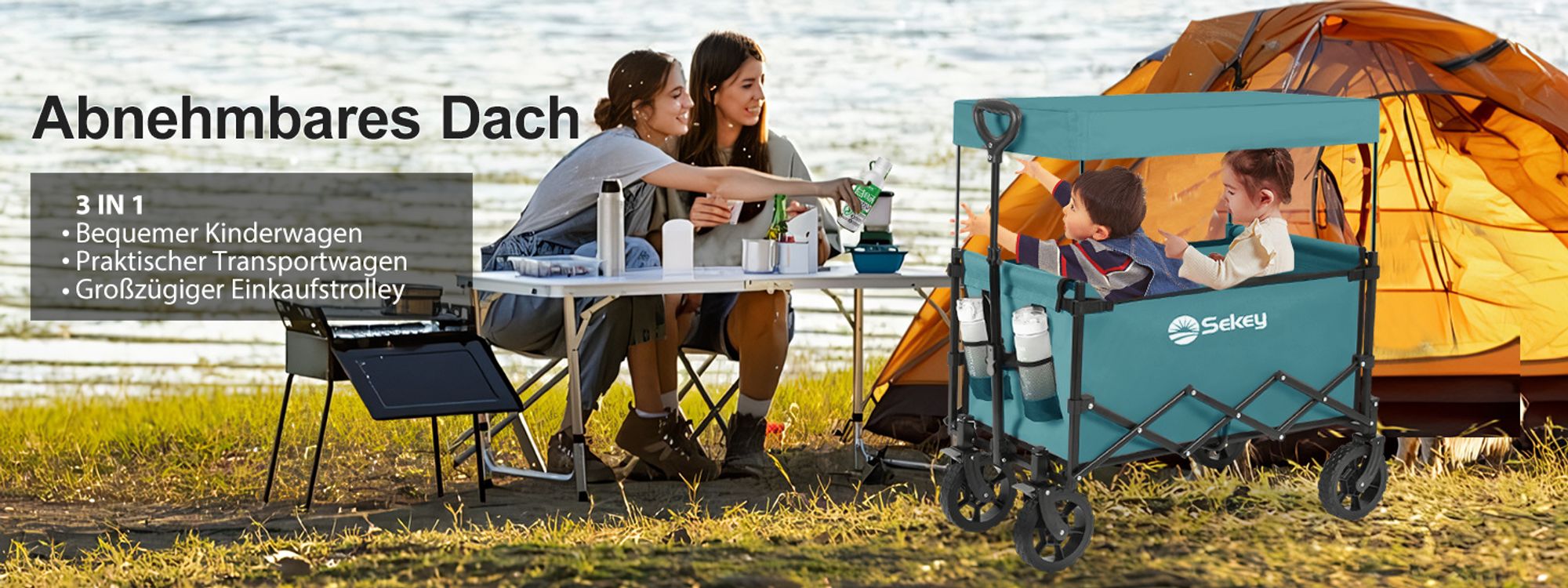 Sekey Bollerwagen mit Dach, Handwagen bis 150 kg belastbar, Transportkarre, Gerätewagen, Blaugrün