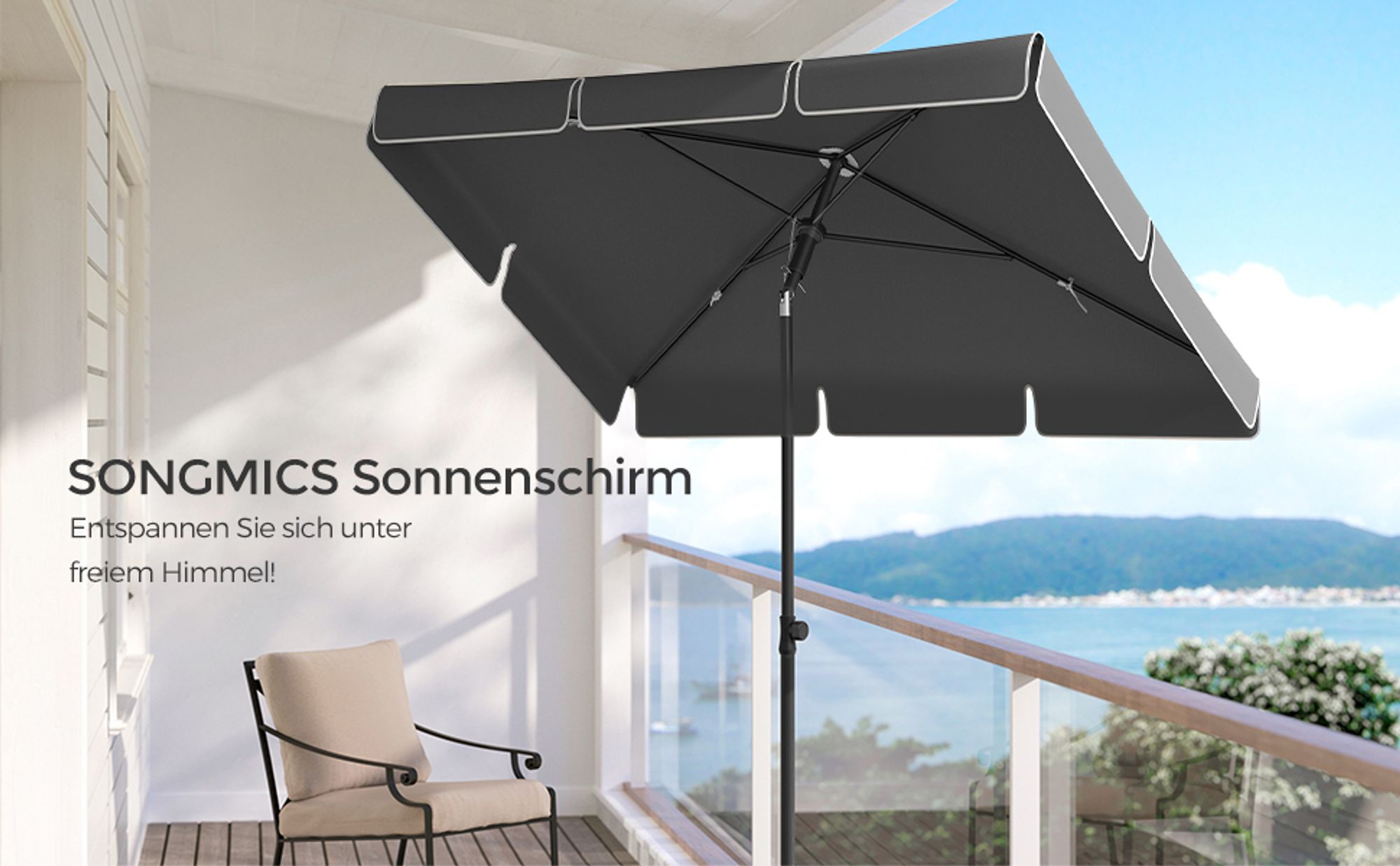 SONGMICS Sonnenschirm 200 x 125 cm UPF 50+ Sonnenschutz