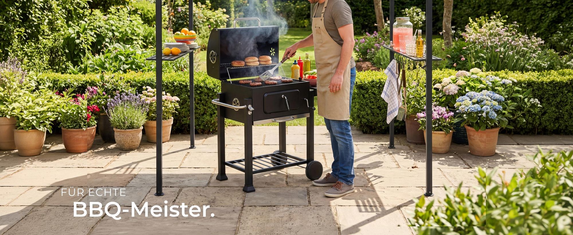 tectake® Grillpavillon wetterfest UV-Schutz Stahl anthrazit 240x150x250cm 2 Ablagen