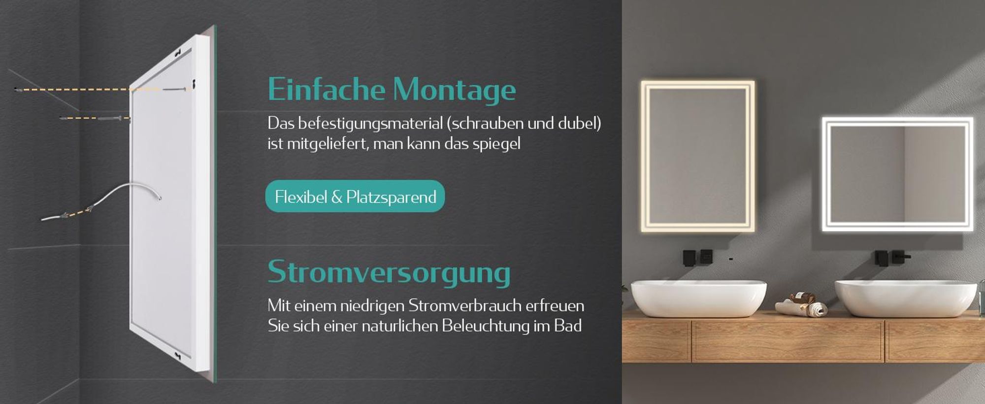 EMKE LED Badspiegel mit Beleuchtung 40X60 cm Antibeschlag, Wandspiegel Badezimmerspiegel mit mechanischem Schalter, 3000K/6500K Lichtfarben, IP44
