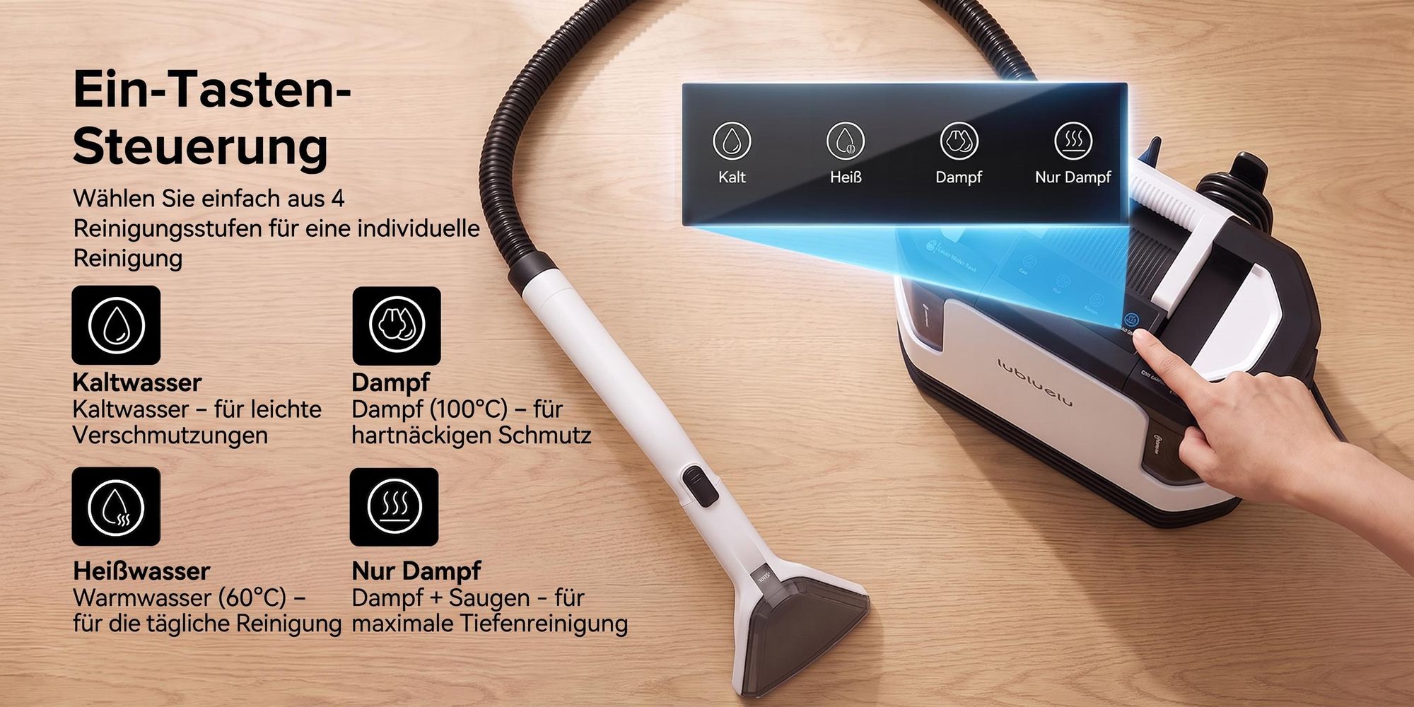 Lubluelu V11 Polsterreiniger Waschsauger Teppichreiniger 30KPa Dampffunktion 4 Modi 1900W mit 1,9L+1,1L Doppeltank für Sofa Auto Matratze Touchdisplay