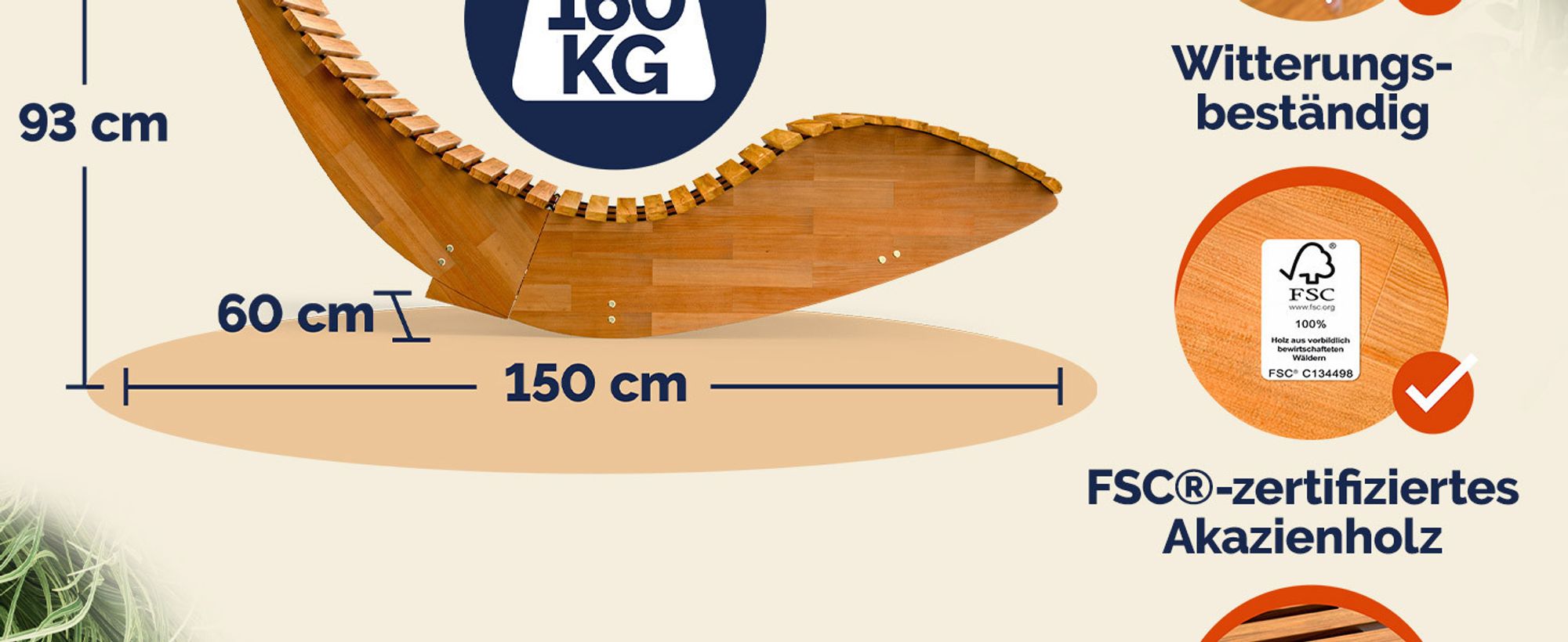 LxBxH 150x60x93cm cm 160 kg Belastbarkeit. Witterungsbeständig, FSC®-zertifizierte Akazie