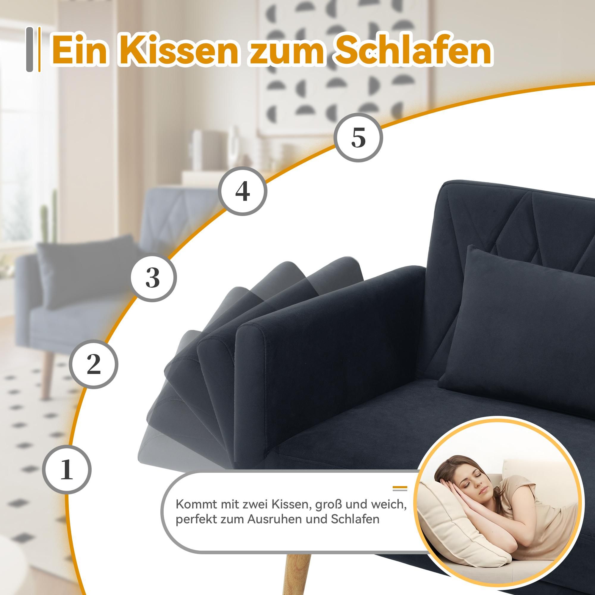 Merax Schlafsofa, Zweisitzer Sofa mit Schlaffunktion, verstellbare Rückenlehne & Armlehnen, 2 Kissen, Couch, Wohnzimmersofa, Samt, Dunkelgrau