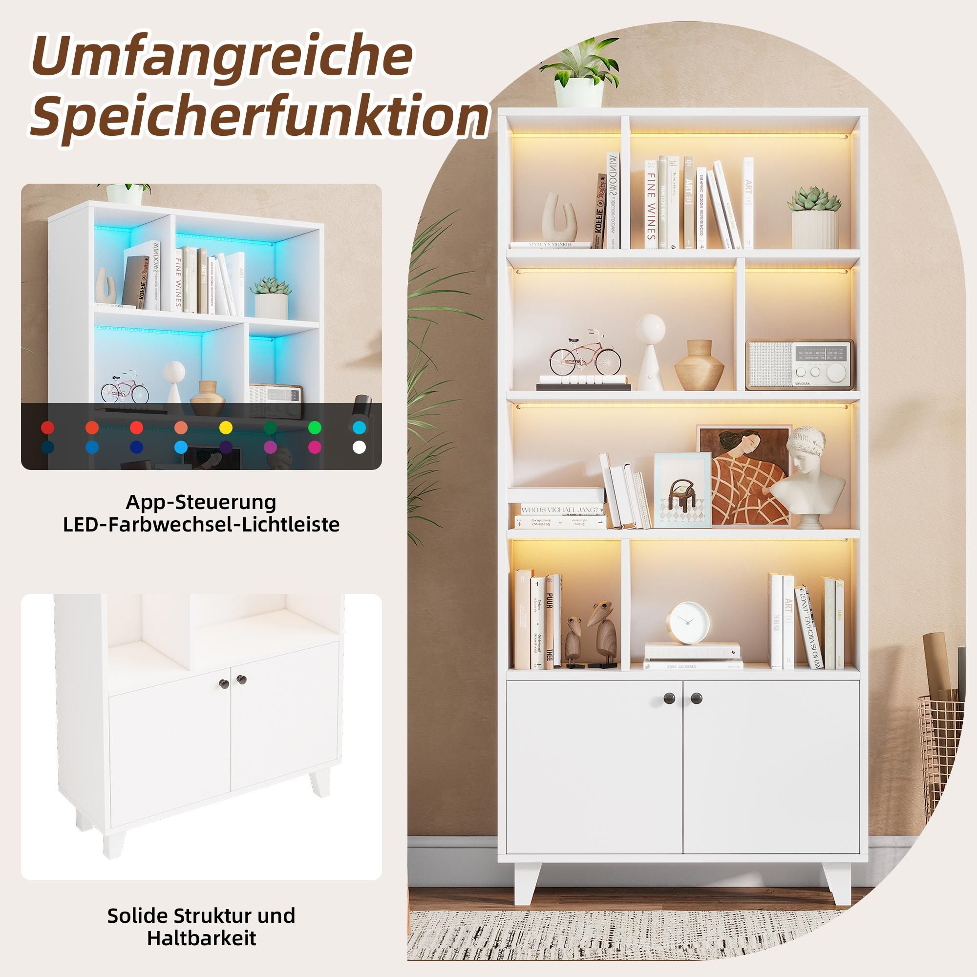 Merax Vitrinen Bücherregal mit LED-Ambientelicht & Fernbedienung, Massivholzfüße, 2 Türen, Regalfächer, Schrank Wohnzimmer, 80x30x173cm, Weiß