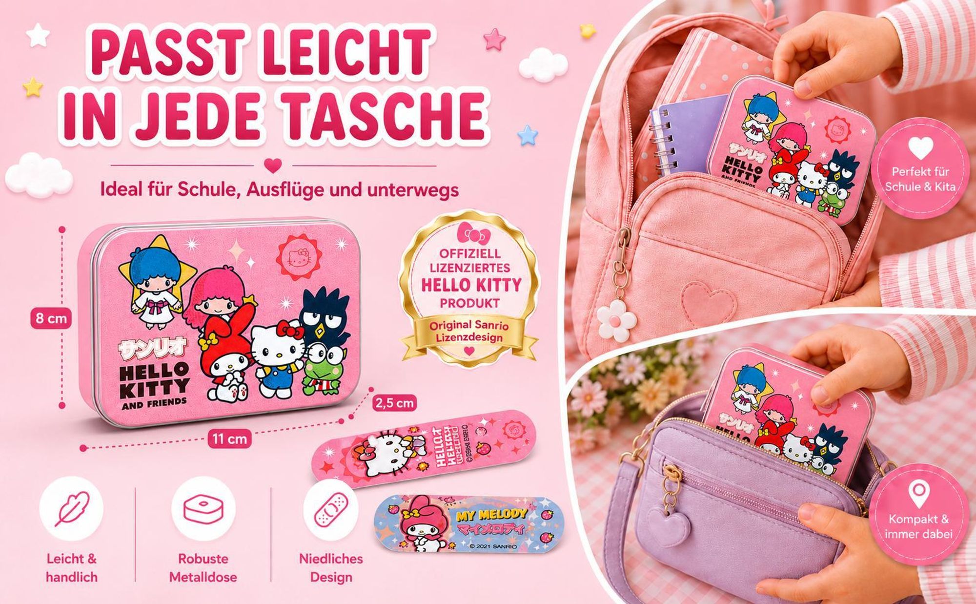 Hello Kitty Friends Kinderpflaster Lizensiertes Produkt - Metall-Box - 24 Pflaster - Schönes Design Pflaster Aufbewahrungsbox für Kinder - 1 Box
