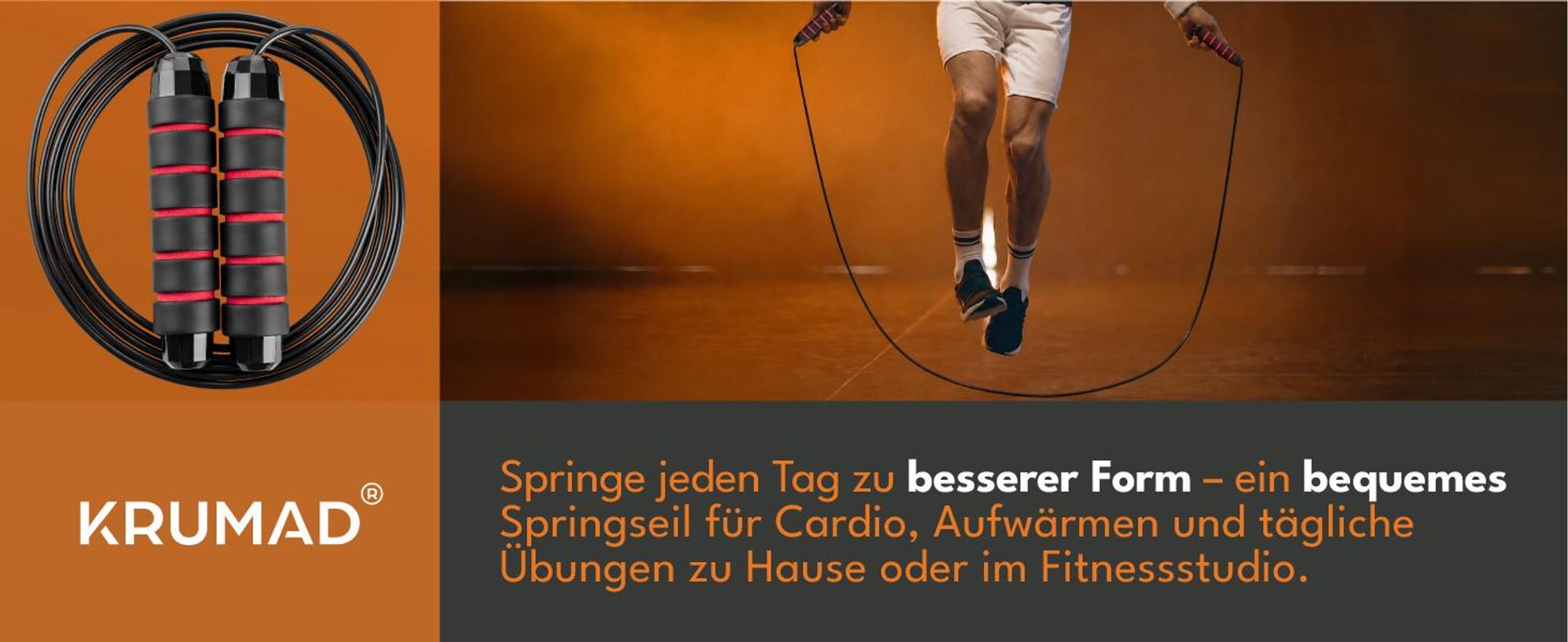 KRUMAD Springseil Fitness 280 cm, Speed Rope mit Schaumgriffen, Hüpfseil für Cardio, Boxen, Crossfit und Ausdauertraining