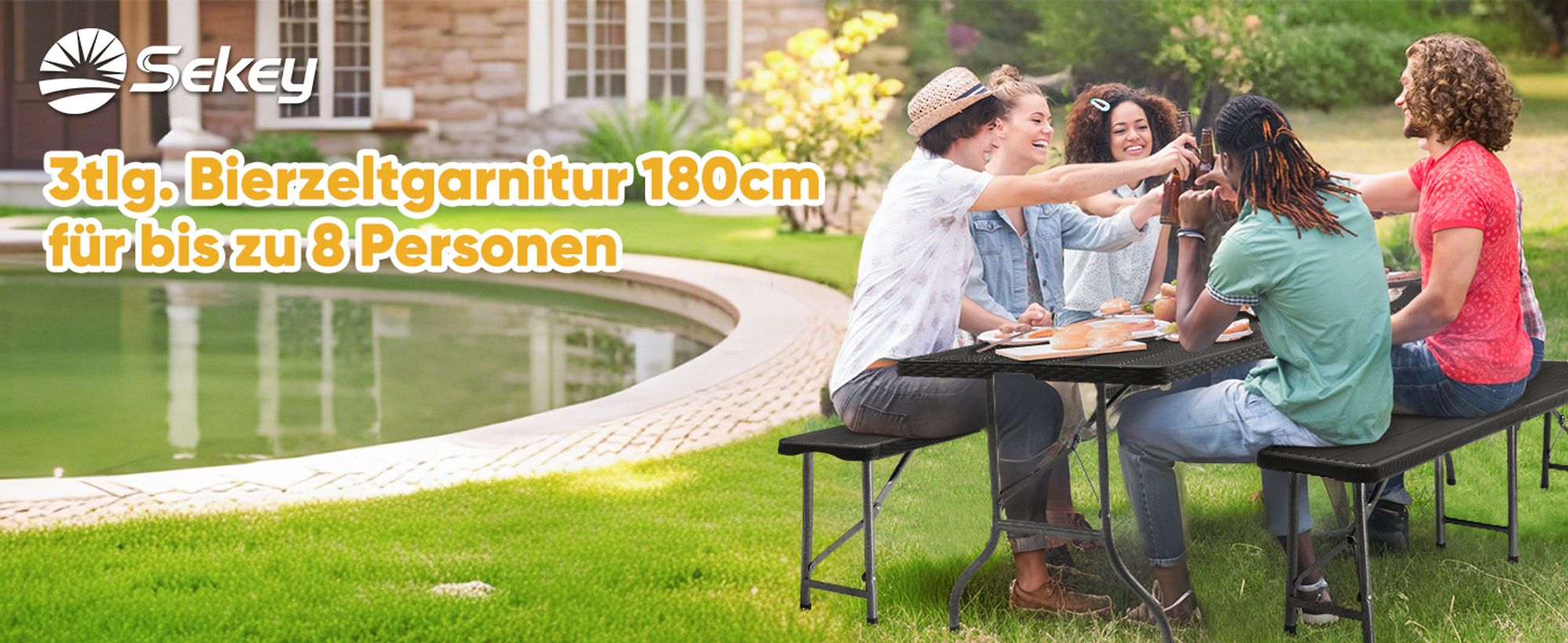 Sekey 180cm Bierzeltgarnitur 3-teilig Klappbar Campingtisch Holzmaserung Schwarz