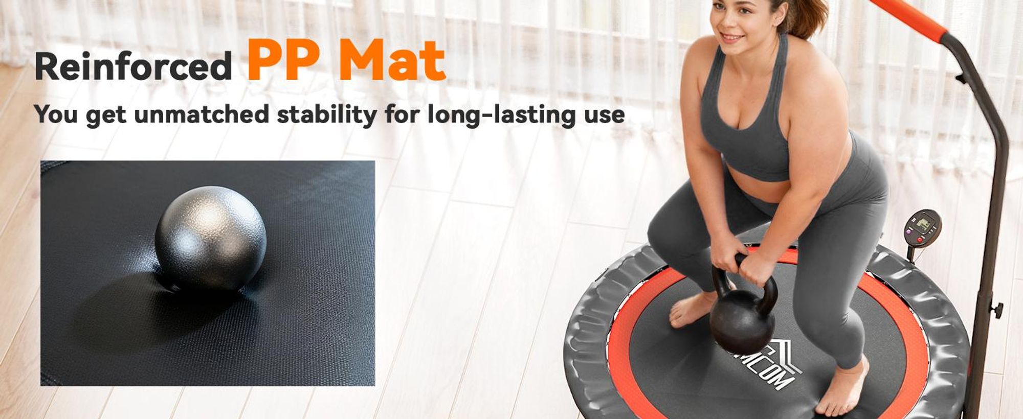Trampolina fitness SPORTNOW 102 cm, składana mini trampolina z 4-stopniową regulacją wysokości uchwytu, monitor LCD, trampolina fitness dla dorosłych, do 150 kg