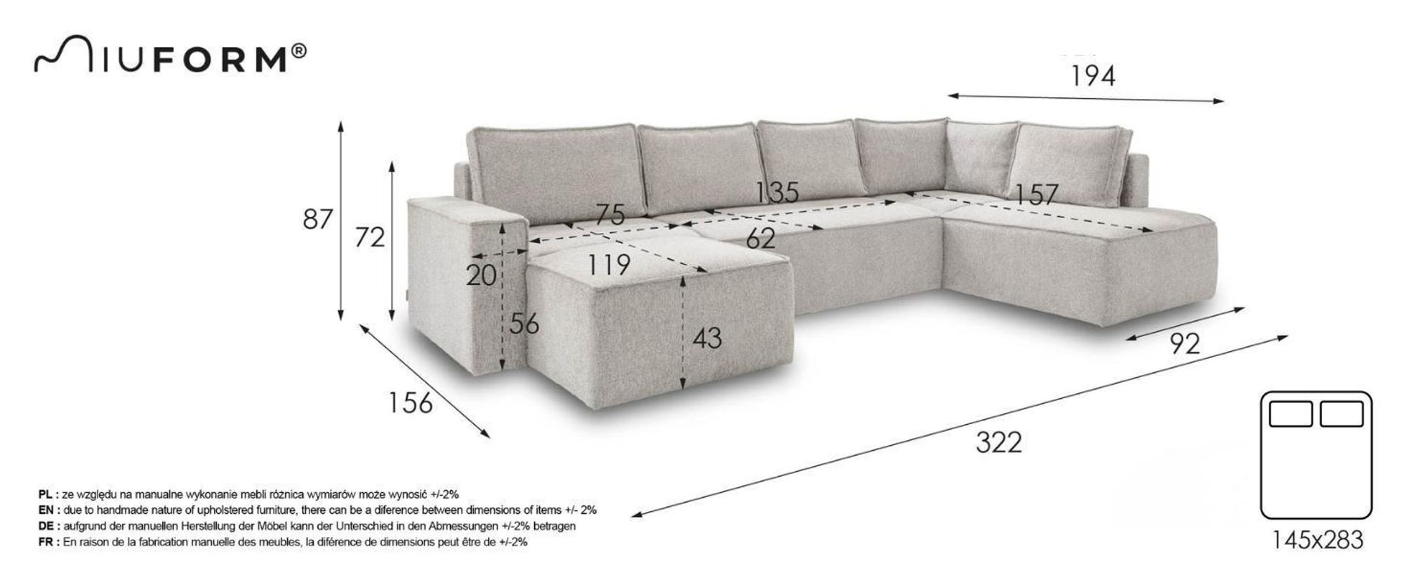MIUFORM Brave Dave - Ecksofa mit Bettfunktion und Bettkasten U-FORM RECHTS - 322x194cm - Flaschengrün - Sofa Schlafsofa Couch