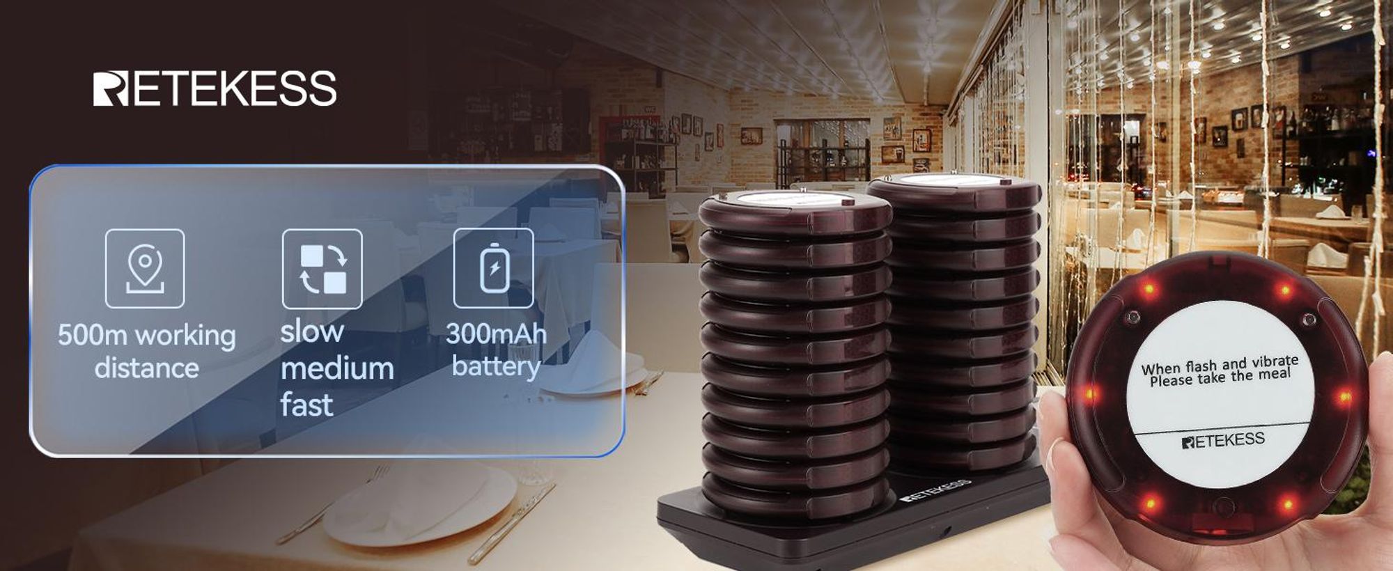 Retekess TD163 Bezdrátový vyvolávací systém, 400M restaurace pager, nabíječka z nerezové oceli, 31 režimů volání, 20 tácky, 20H pohotovostní režim, pager pro nemocnici, restaurace, občerstvení, bar (1 vysílač + 20 pager)