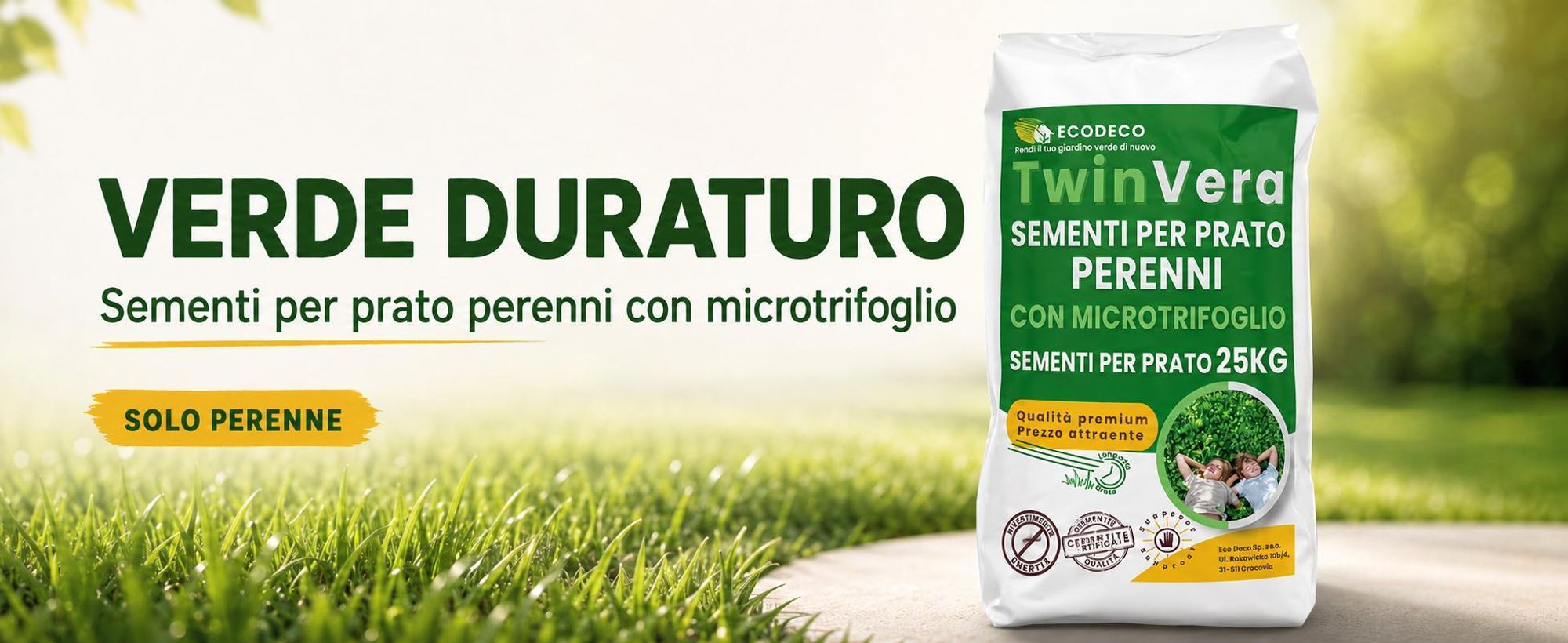 EcoDeco semi per prato con microtrifoglio, semi prato resistenti al calpestio, miscela universale 25 kg per prato fino a 1000 m2