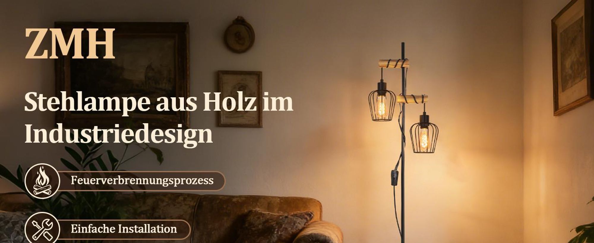 Ta drewniana lampa podłogowa o długości 151 cm zachwyca przede wszystkim kontrastowym kolorem.