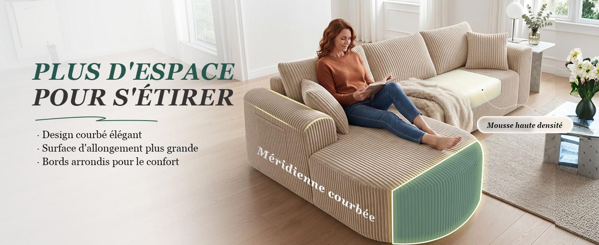 Canapé d'angle COMHOMA avec fonction convertible, 263 cm, en velours, modulaire, sans structure visible, avec chaise longue, canapé d'angle convertible, canapés modulaires avec coussins et poche latérale