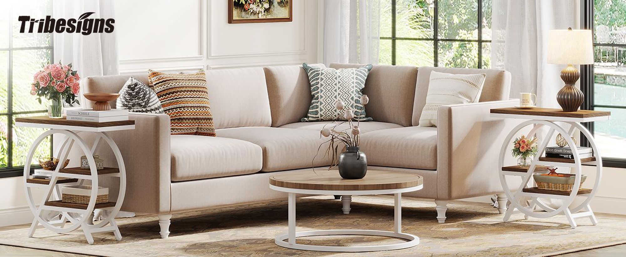 Schmaler Beistelltisch mit 4 Ablageflächen, großer Stauraum, couchtisch, Sofatisch, moderner Nachttisch für Wohnzimmer, Homeoffice, Schlafzimmer