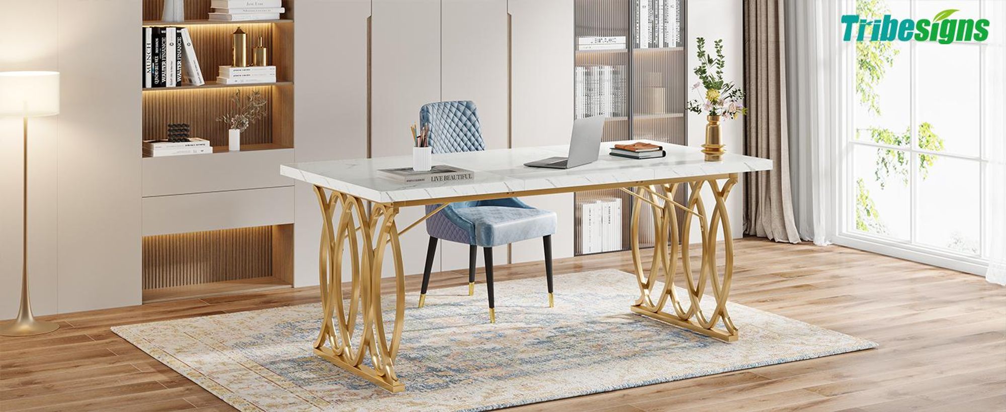 Tribesigns Moderner Esstisch für 6 Personen, Tisch Wohnzimmer, 160 x 80 x 75 cm, Rechteckig, Küchentisch, Esstisch, Moderner-Design, Weiß und Gold