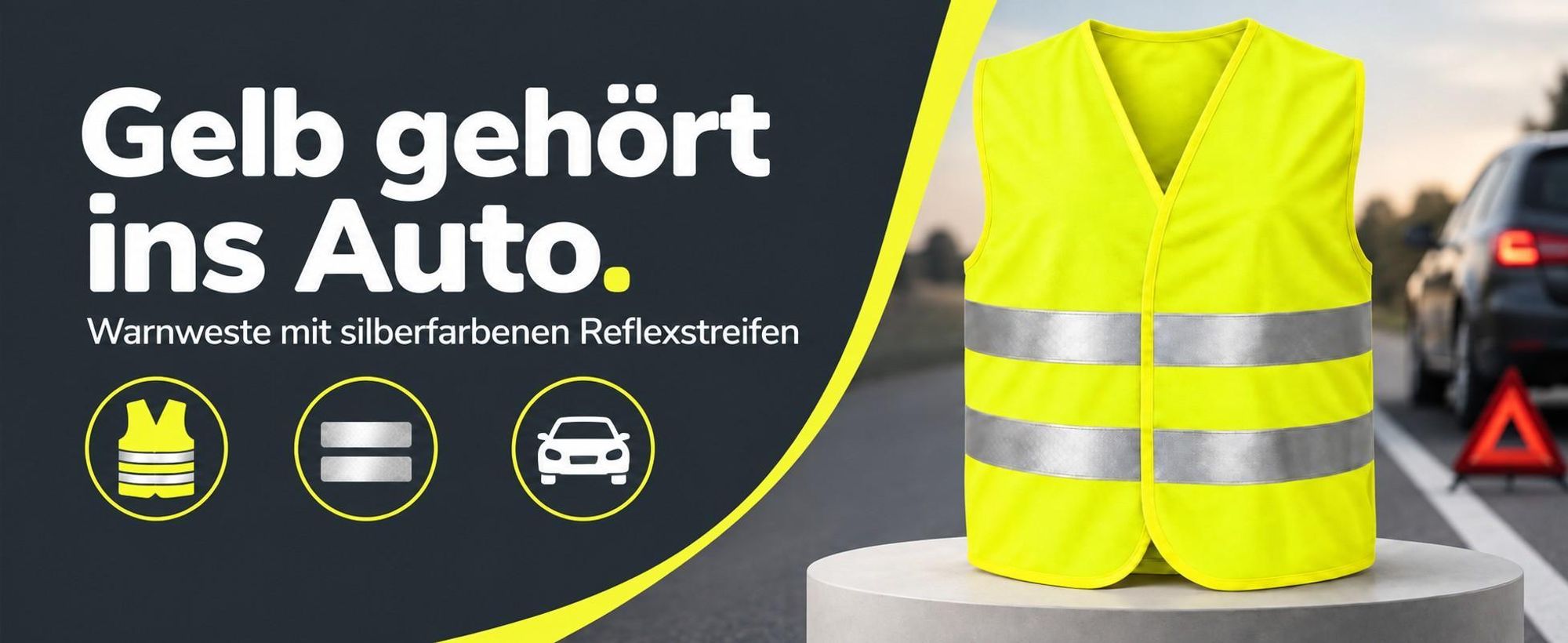 Gelbe Warnweste mit zwei silberfarbenen Reflexstreifen und ärmellosem Schnitt