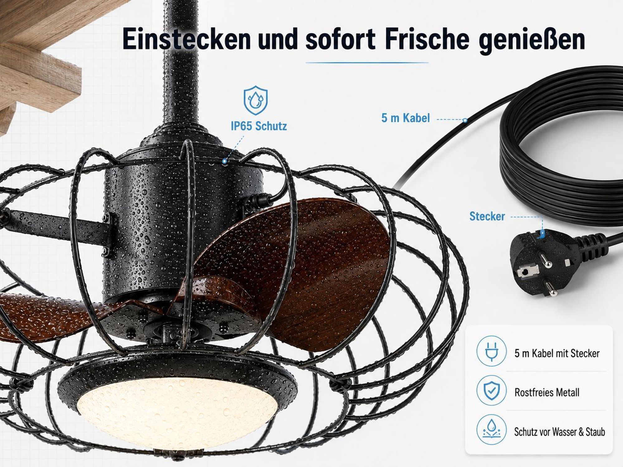 50CM Outdoor Deckenventilator mit Beleuchtung und Fernbedienung, IP65 Außen Lampe mit Ventilator, 6 Stufen, für Balkon Pavillon Terrasse, 5m Kabel