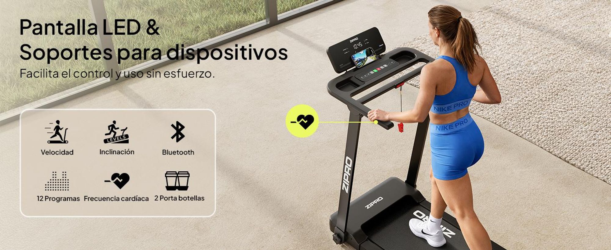 ZIPRO Forma Lite: Cinta de correr eléctrica plegable. Diseño ultraplano, velocidad máxima de 12 km/h y capacidad de carga de 120 kg. Compatible con aplicaciones Bluetooth, caminadora silenciosa
