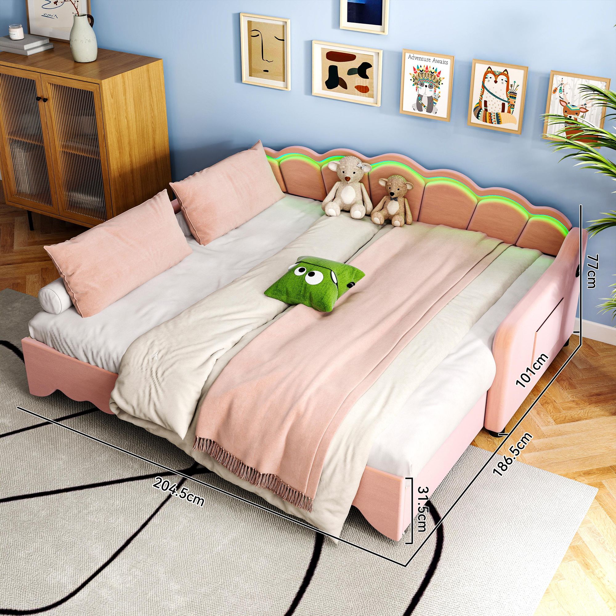 OYAJIA Daybett Polsterbett 90x190cm mit Ausziehbett 180x190cm Samt Polsterbett Schlafsofa Kinderbett Tagesbett mit LED-Beleuchtung