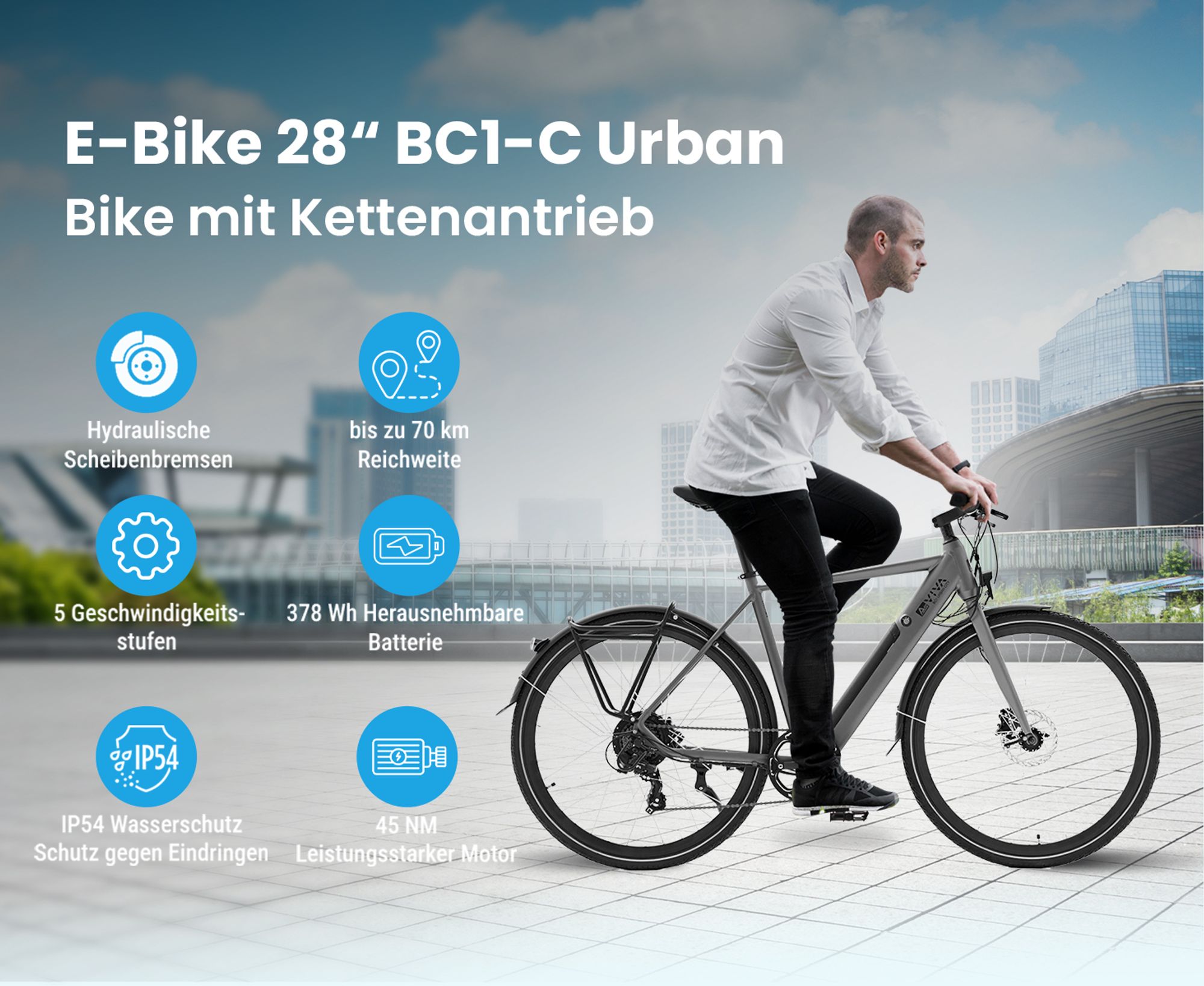 AsVIVA BC1-C Urban E-Bike 250W, 7 Gang Shimano, Akku, LED, Scheibenbremsen