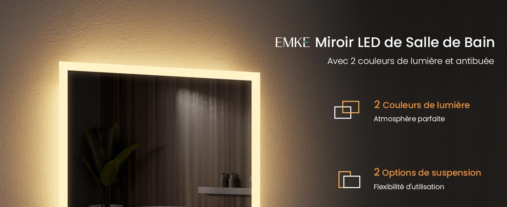 Miroir de salle de bain LED EMKE 50 x 70 cm avec éclairage et traitement anti-buée, miroir mural avec interrupteur mécanique Miroir de salle de bain 3000 K/6500 K Couleurs de lumière