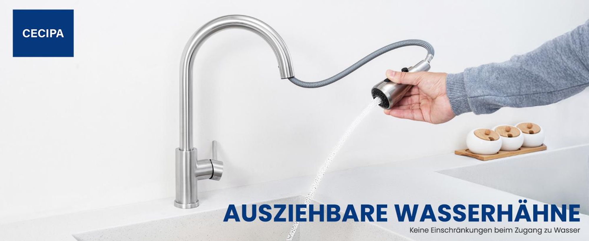 Wasserhahn Küche Ausziehbar mit Brause, 360° Drehbar Hoher Auslauf Küchenarmatur Gebürstet, 304 Edelstahl Spültischarmatur, Cecipa, DVGW