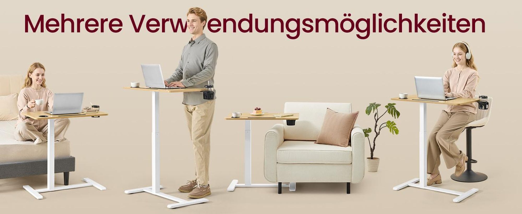 VASAGLE Stehtisch, Beistelltisch mit Rollen, 80 x 45 cm Tischplatte, verstellbar, 2 Getränkehalter, goldeichenfarben