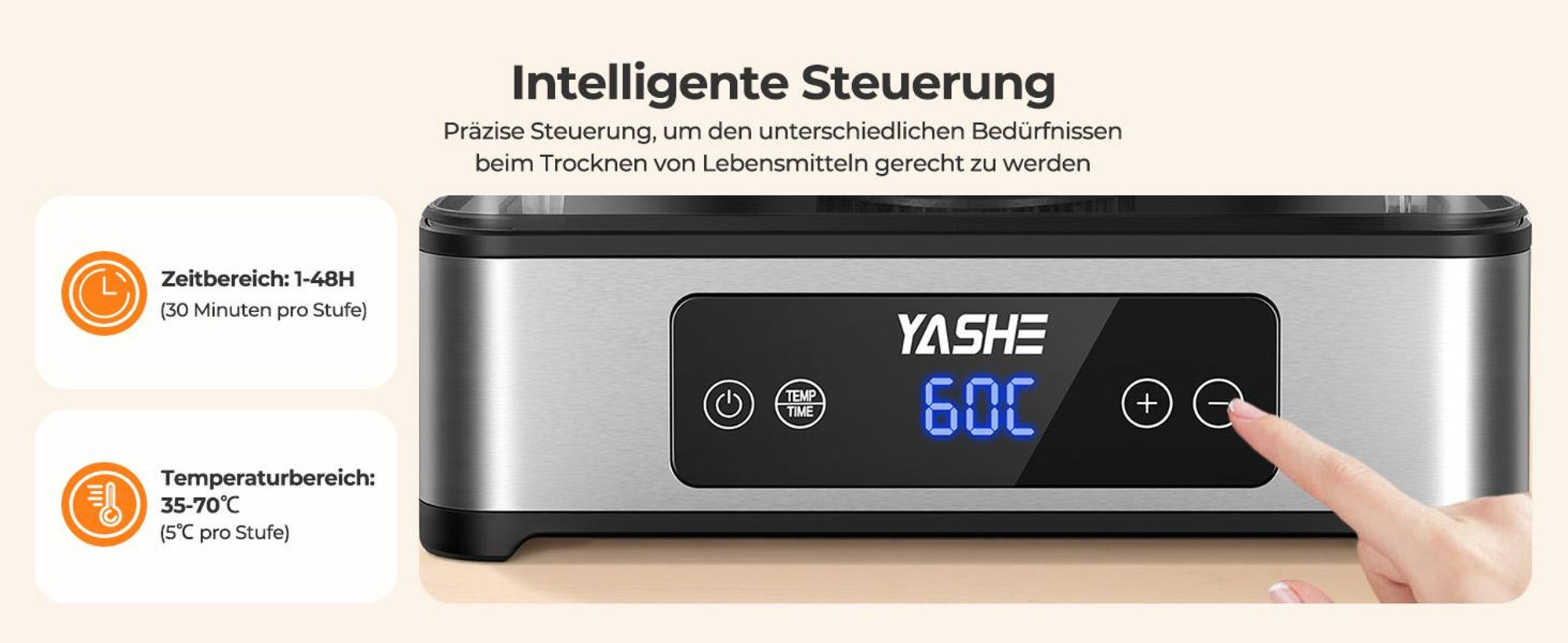 YASHE Dörrautomat FD-1019, 5 Edelstahlgitter, 400 W, 35–70 °C