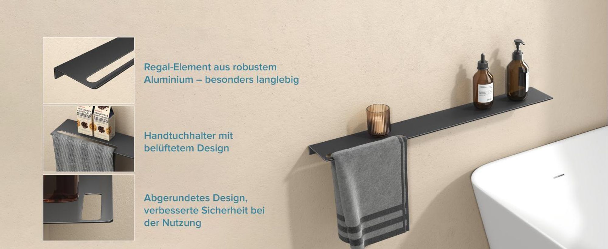 doporro Duschablage ohne Bohren aus Aluminium 60 cm, selbstklebendes Duschregal mit Handtuchhalter, 2-in-1 Badezimmer Organizer Matt schwarz Reglo-06