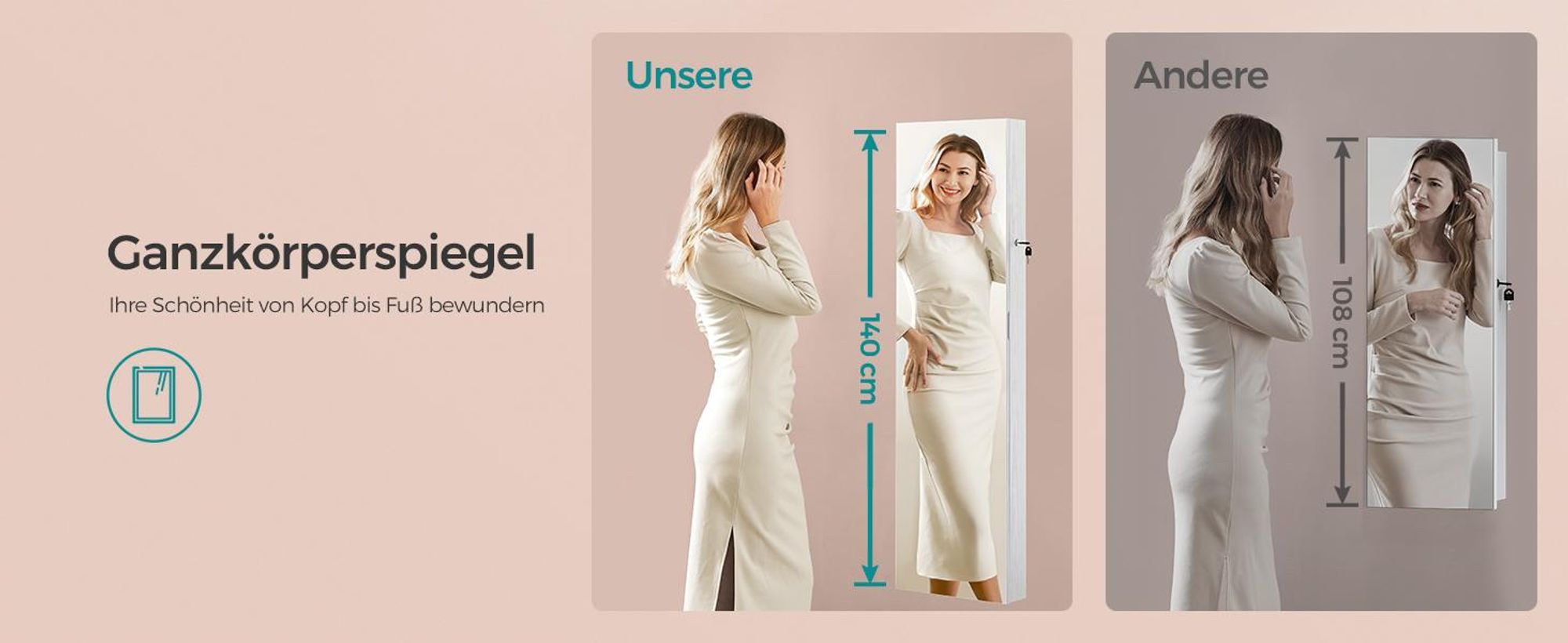 SONGMICS Schmuckschrank 140 cm hoch, Schmuckorganizer mit beleuchtetem Innenspiegel, Spiegelschrank wand- oder türmontiert, abschließbar