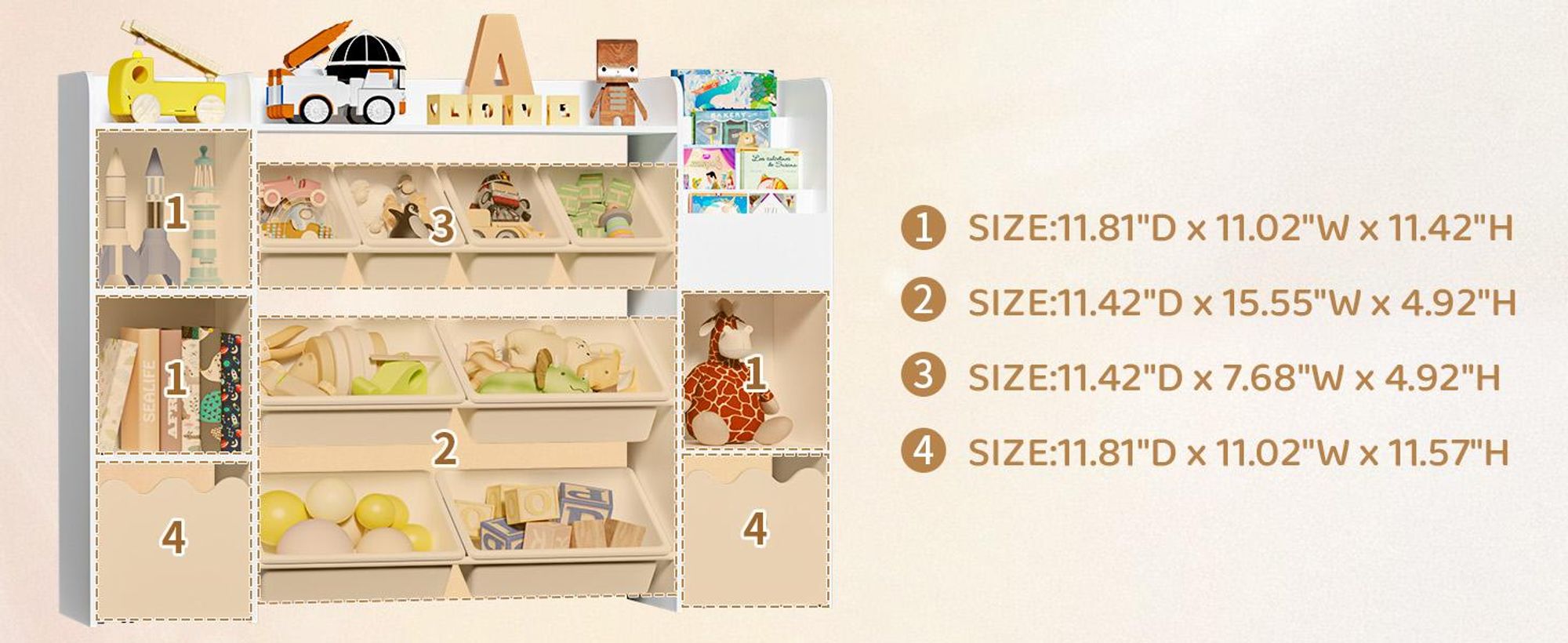 HOMMPA Kinder Bücherregal mit Rädern, 4-Tier Spielzeug-Organizer, 4-in-1 Regal mit Schublade, Aufbewahrung für Kinderzimmer, Kita & Spielraum, Weiß