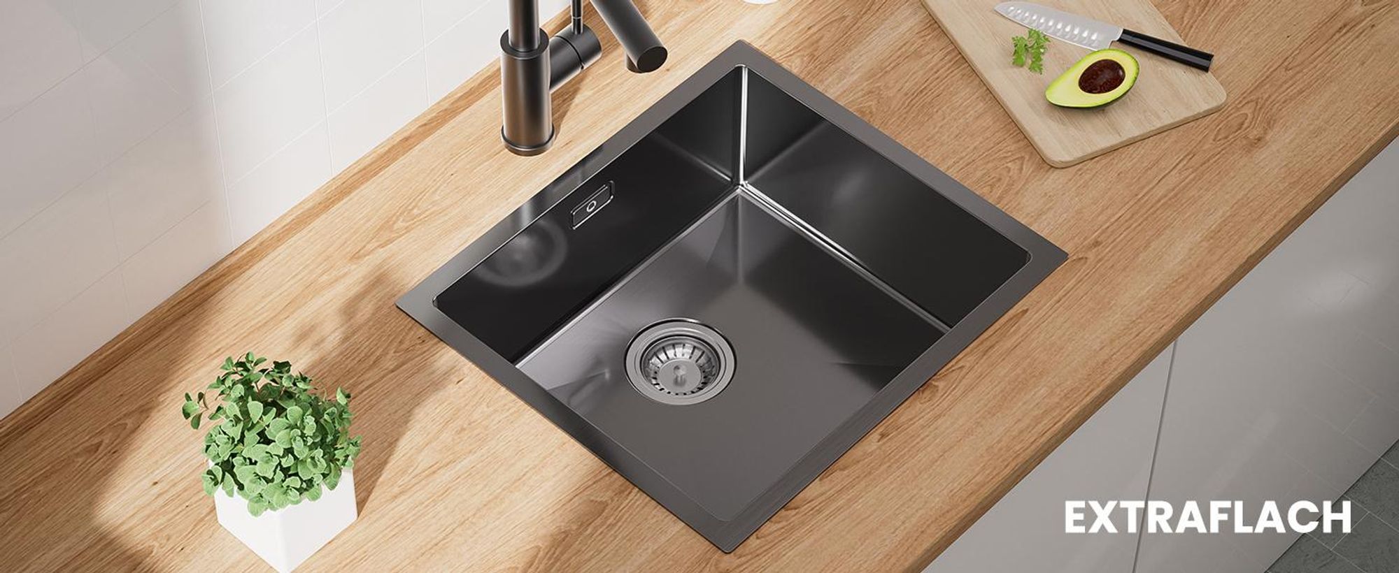 Edelstahlspüle schwarz 50x44cm Unterbau, Kratzfest & Schallisoliert Einbauspüle, Cecipa, Handgefertigte Küchenspüle Nanobeschichtung, Spülebecken