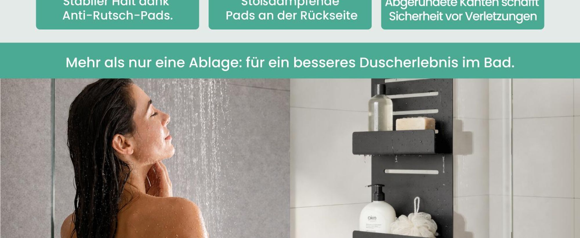 Mai & Mai Duschablage zum Hängen, Duschregal Ohne Bohren für Glasduschtüren, Hängeregal mit 2 Etagen und 3 Haken,  Sandschwarz 30x60x8cm Oryne-01